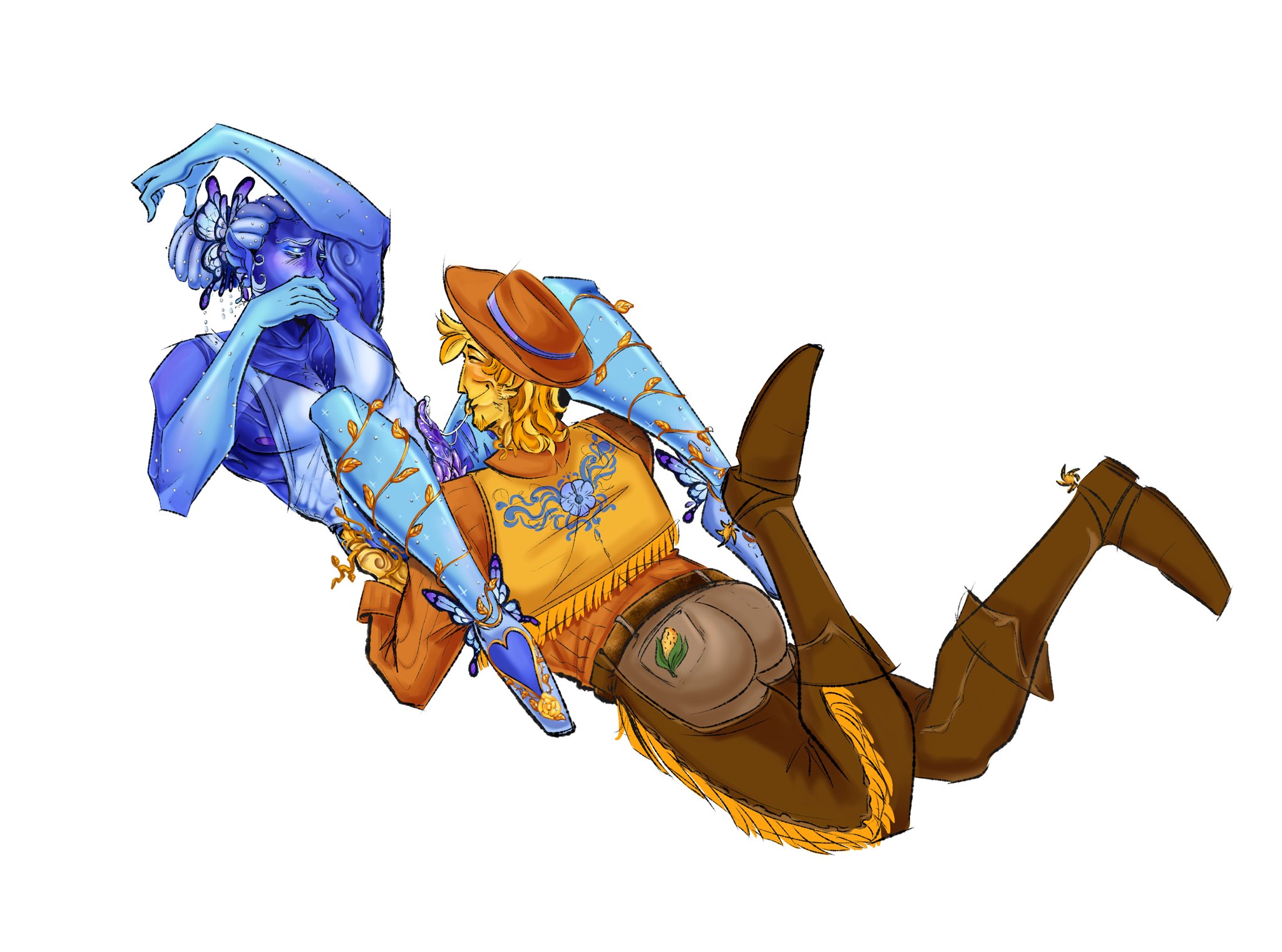 ballerina, blue (deltarune), butterfly hair ornament, cowboy, deltarune, deltarune chapter 5, hermaphrodite, in love, inhuman genetalia, legs over shoulders, saliva string, yellow (deltarune)