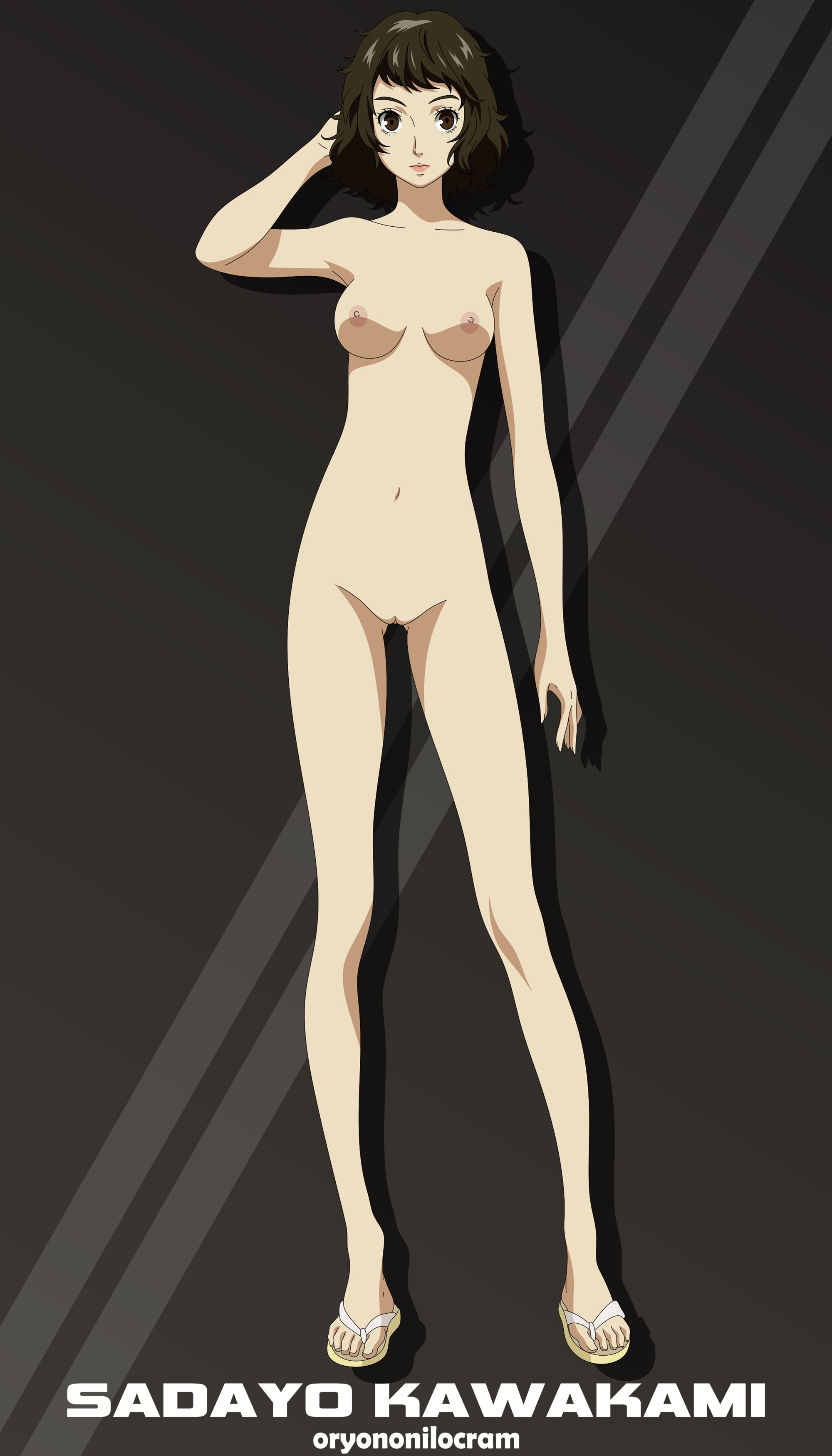 1girls, accurate art style, black hair, boobs, breasts, feet, female, female only, japanese female, medium breasts, naked, naked footwear, nipples, nude, nude female, nude filter, oryononilocram, persona, persona 5, pussy, sadayo kawakami, sandals, sandals only, shaved pussy, short hair, solo, solo female, thigh gap, tits, toes, vagina