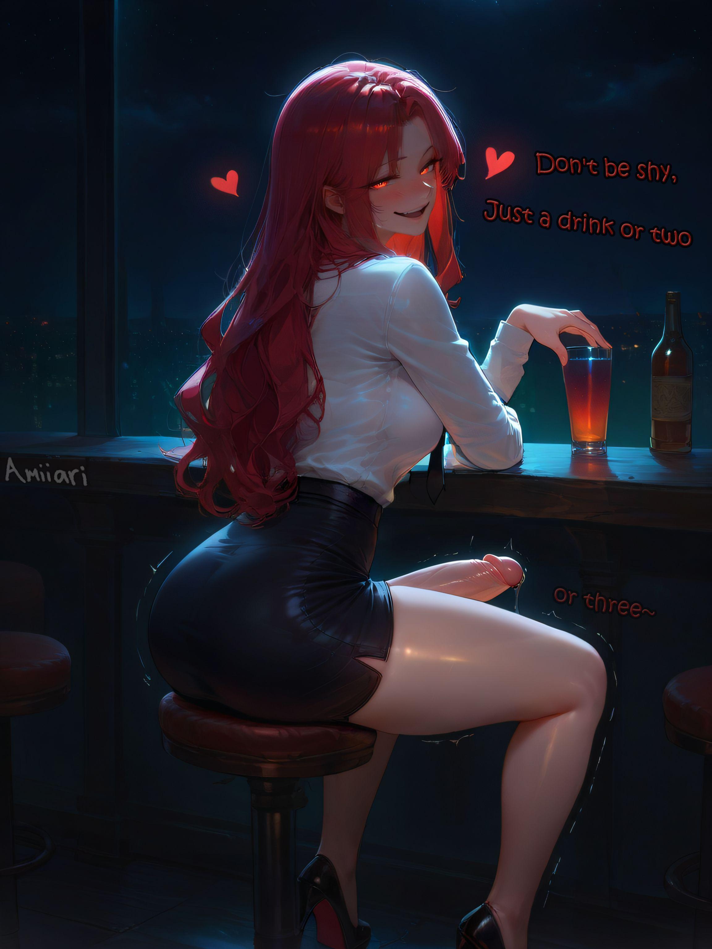 :d, 1futa, absurdres, ai generated, amiiari, arched back, arm support, ass, bangs between eyes, bar, bare legs, big penis, black footwear, black skirt, blush, bottle, breasts, chair, city lights, cocktail glass, collared shirt, counter, cum string, cup, dress shirt, drink, drinking, drinking glass, dripping, dripping penis, dripping precum, drunk, english text, erection, erection under clothes, eyebrows visible through hair, fang, from behind, from side, futanari, glass, grin, hair between eyes, half-closed eyes, hana (amiiari), heart, heels, high heels, high-waist skirt, holding, holding cup, holding glass, huge penis, indoors, large breasts, large penis, legs, long penis, long sleeves, looking at viewer, looking back, makeup, medium breasts, miniskirt, motion lines, naughty face, night, open mouth, original character, parted bangs, parted lips, pencil skirt, penis, precum, precum drip, precum string, red eyes, red hair, sanpaku, seductive smile, see-through, shiny clothes, shiny hair, shiny skin, shirt, shirt tucked in, shoes, side slit, sidelocks, sitting, skirt, smile, smirk, smug, solo, stool, table, teasing, teasing penis, teasing viewer, testicles, thick thighs, thighs, tongue, trembling, twitching penis, veins, veiny penis, wavy hair, wet shirt, white shirt, wine, wine glass