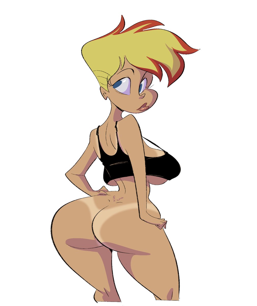 1girls alternate_version_available ass big_ass blonde_hair blue_eyes blush breasts busty canon_genderswap cartoon_network curvy cute dat_ass double_v female female_only flashing hourglass_figure huge_ass jenny_test johnny_test johnny_test_(series) mooning nipples rule_63 slb solo tank_top two-tone_hair voluptuous