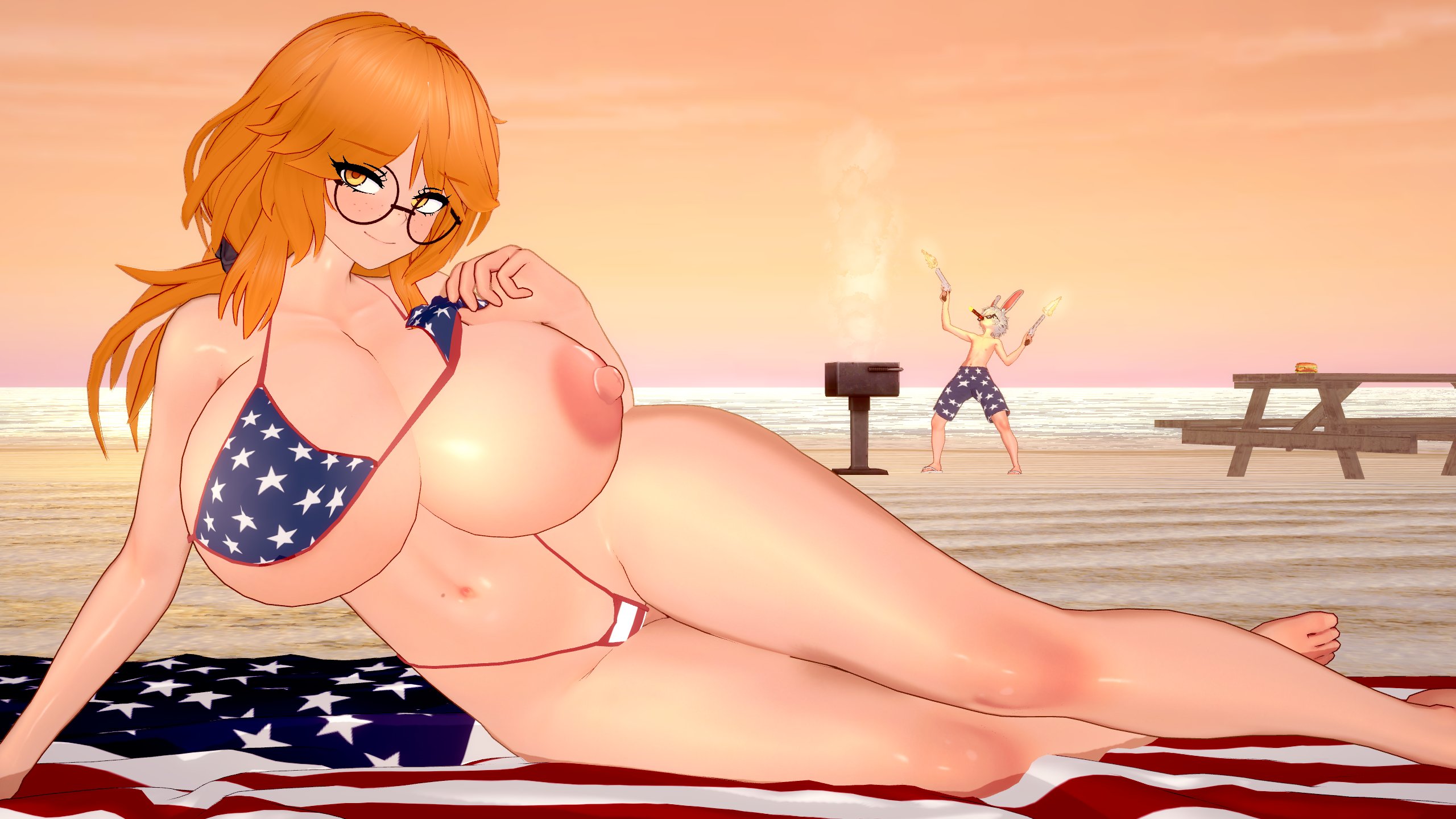 3d, 3d (artwork), 3d model, 3d render, american flag, american flag bikini, big breasts, bikini, breasts, breasts out, female, female focus, female only, fourth of july, karet (scratch key), koikatsu, lina (scratch-key), orange hair, orange hair female, scratch-key, solo, solo female, solo focus