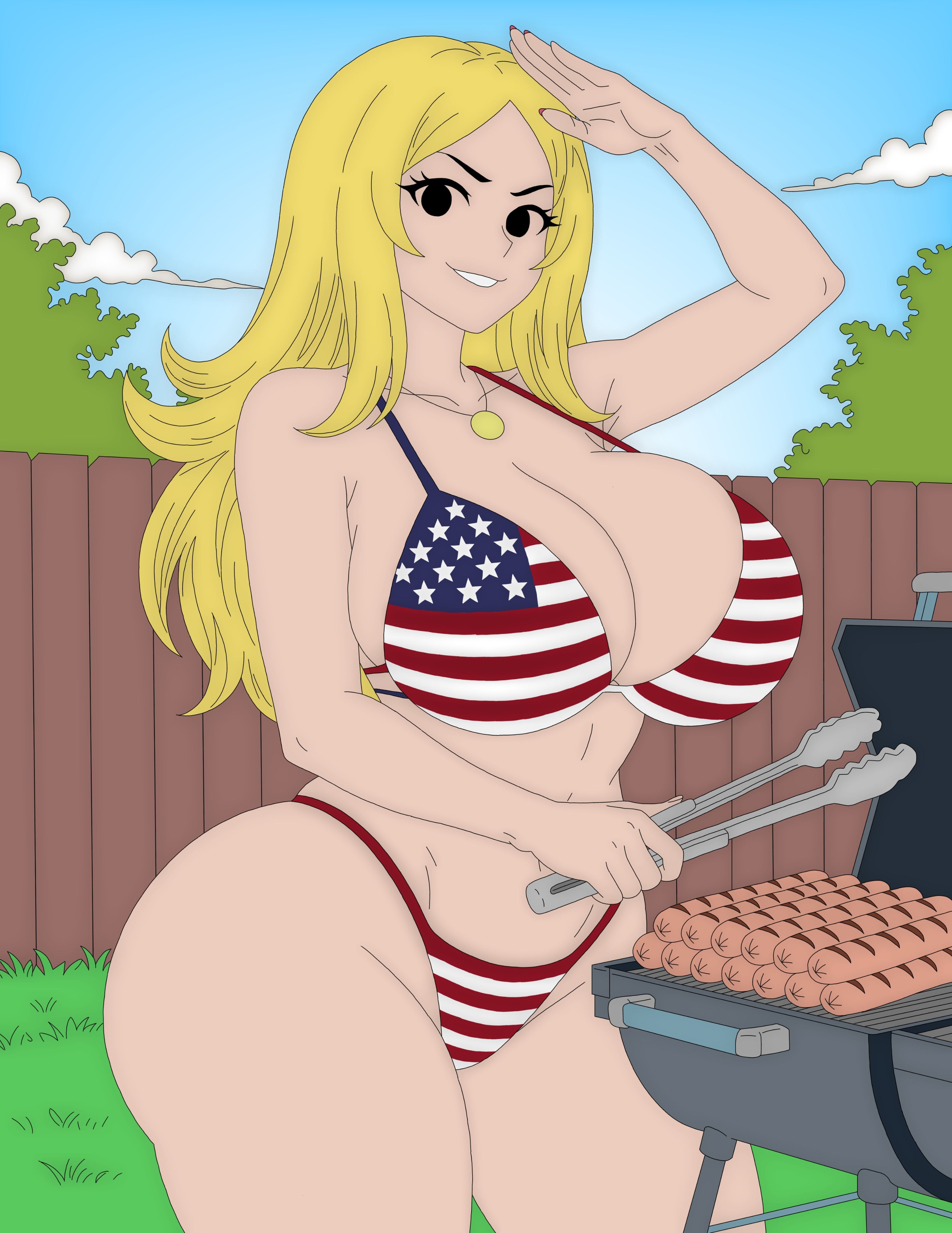 1girl, american dad, american flag bikini, artvi, backyard, barbecue, bikini, blonde hair, blue sky, cleavage, confident, curvy, female, female only, fence, flag print, francine smith, grass, grilling, hand on forehead, highres, huge ass, huge breasts, long hair, looking at viewer, massive breasts, outdoors, plump, sausages, smiling, solo, stars and stripes, sunglasses on head, sunny day, tagme, thick thighs, tongs, underboob, wide hips
