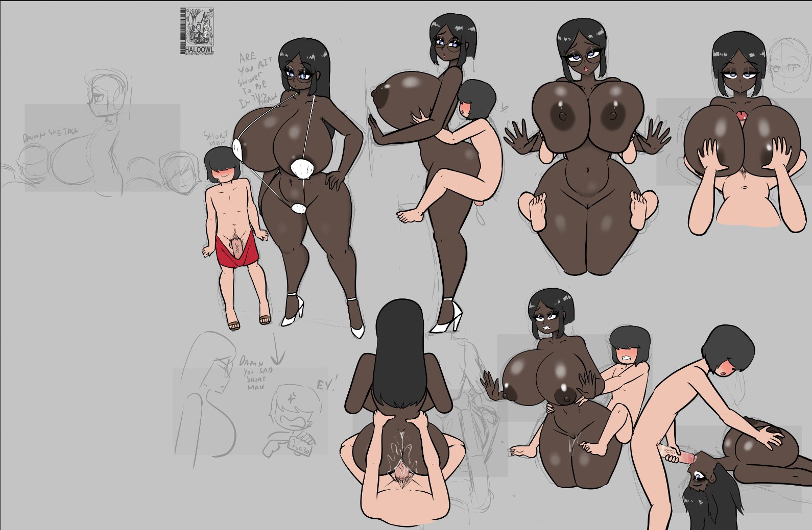 ass, dark-skinned female, glasses, haloowl, high heels, huge breasts, nipples, sex, smaller male, strappy heels