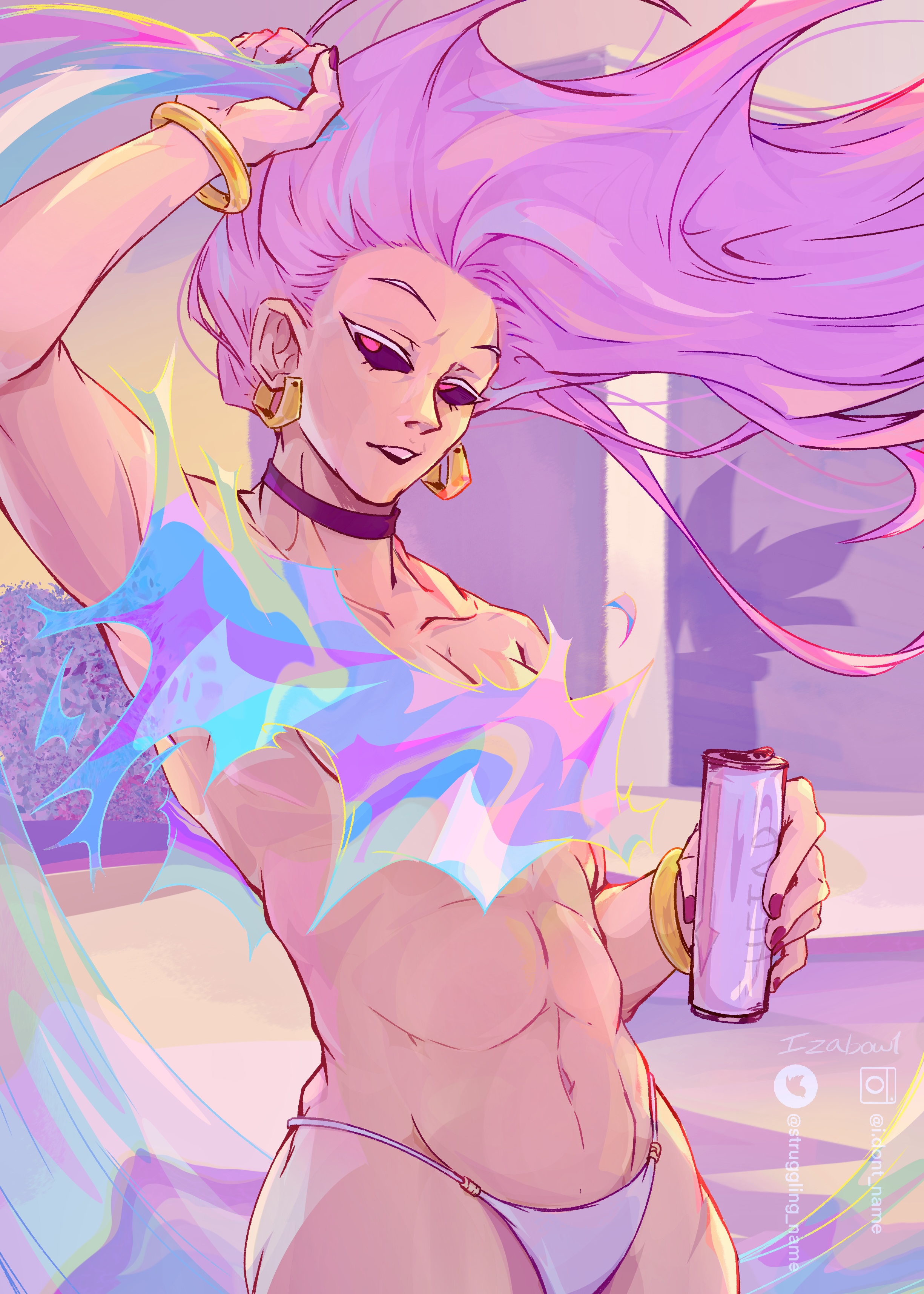 abs, athletic, athletic female, barely clothed, black sclera, bracelets, clothed, clothes, clothing, collar, female, female focus, female only, grand theft auto, grand theft auto vi, gta vi cover girl, hips, jujutsu kaisen, long hair, meme, no shirt, panties, pink hair, see-through, shirtless female, suggestive, takako uro, thick hips, uro takako, wide hips