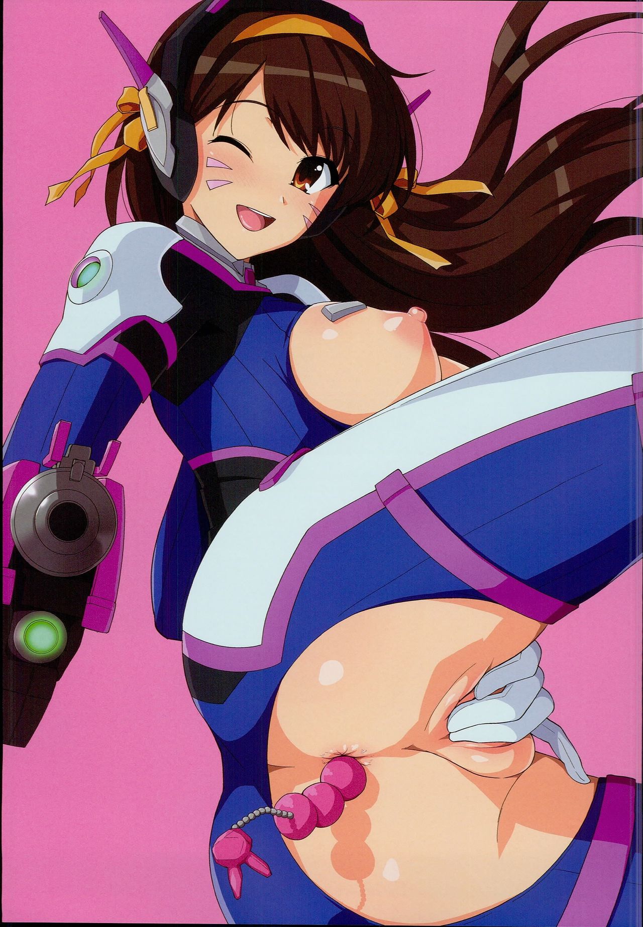 adapted costume, anal, anal beads, anal masturbation, anal object insertion, anus, areolae, blizzard entertainment, bodysuit, breasts, breasts out, brown eyes, brown hair, clothed masturbation, clothing, cosplay, crotch cutout, d.va, d.va (cosplay), female, gun, hair ornament, hair ribbon, hairband, haruhisky, headphones, long hair, masturbation, nipples, object insertion, one eye closed, open mouth, overwatch, overwatch 2, pink background, pistol, pussy, ribbon, scan, sex toy, small breasts, solo, suzumiya haruhi, suzumiya haruhi no yuuutsu, weapon, whisker markings, wink