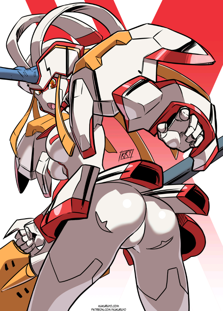 ass darling_in_the_franxx mecha open_mouth robot robot_girl strelizia weapon