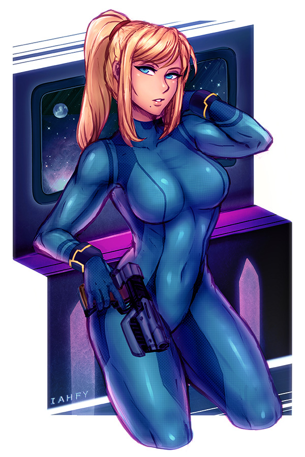 absurdres, adapted costume, areolae, bedroom eyes, blonde hair, blue eyes, bodysuit, bracelet, breasts, female, female only, firearm, handgun, highres, human, iahfy, looking at viewer, metroid, mole, nintendo, pale skin, samus aran, skin tight, solo, weapon, wristwear, zero suit, zero suit samus