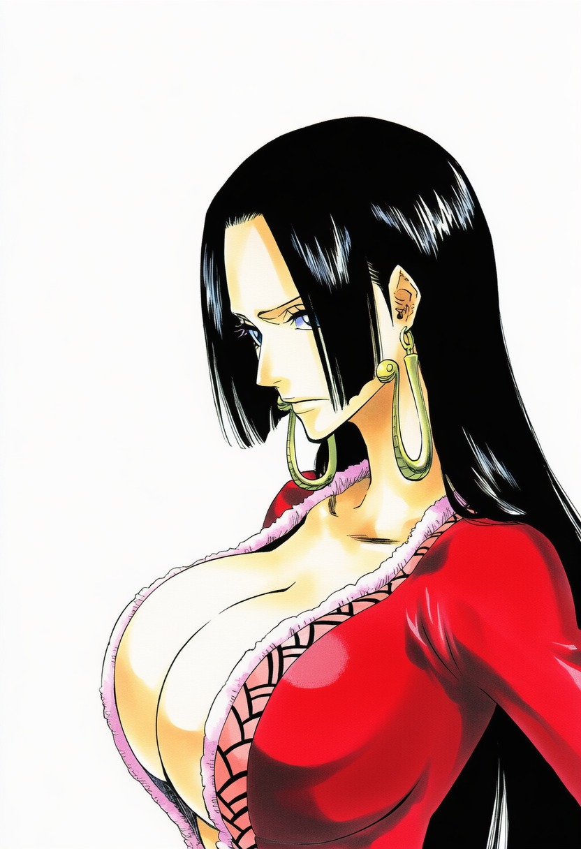 1girls, accurate body type, ai generated, arms at sides, big breasts, black hair, blue eyes, boa hancock, breasts, busty, center opening, clavicle, cleavage, closed mouth, clothed, clothing, collarbone, curvaceous, curvy, dress, earrings, fanart, female, female focus, female only, from side, frown, gold earrings, high resolution, highres, hime cut, hoop earrings, huge breasts, jewelry, large breasts, light skin, light-skinned female, line art, long hair, long sleeves, looking at viewer, looking to the side, manga style, narrow waist, no bra, one piece, plunging neckline, red dress, serious, shiny clothes, shiny hair, shiny skin, side view, sidelocks, simple background, snake earrings, solo, solo female, solo focus, standing, tite kubo style, upper body, viewed from side, white background