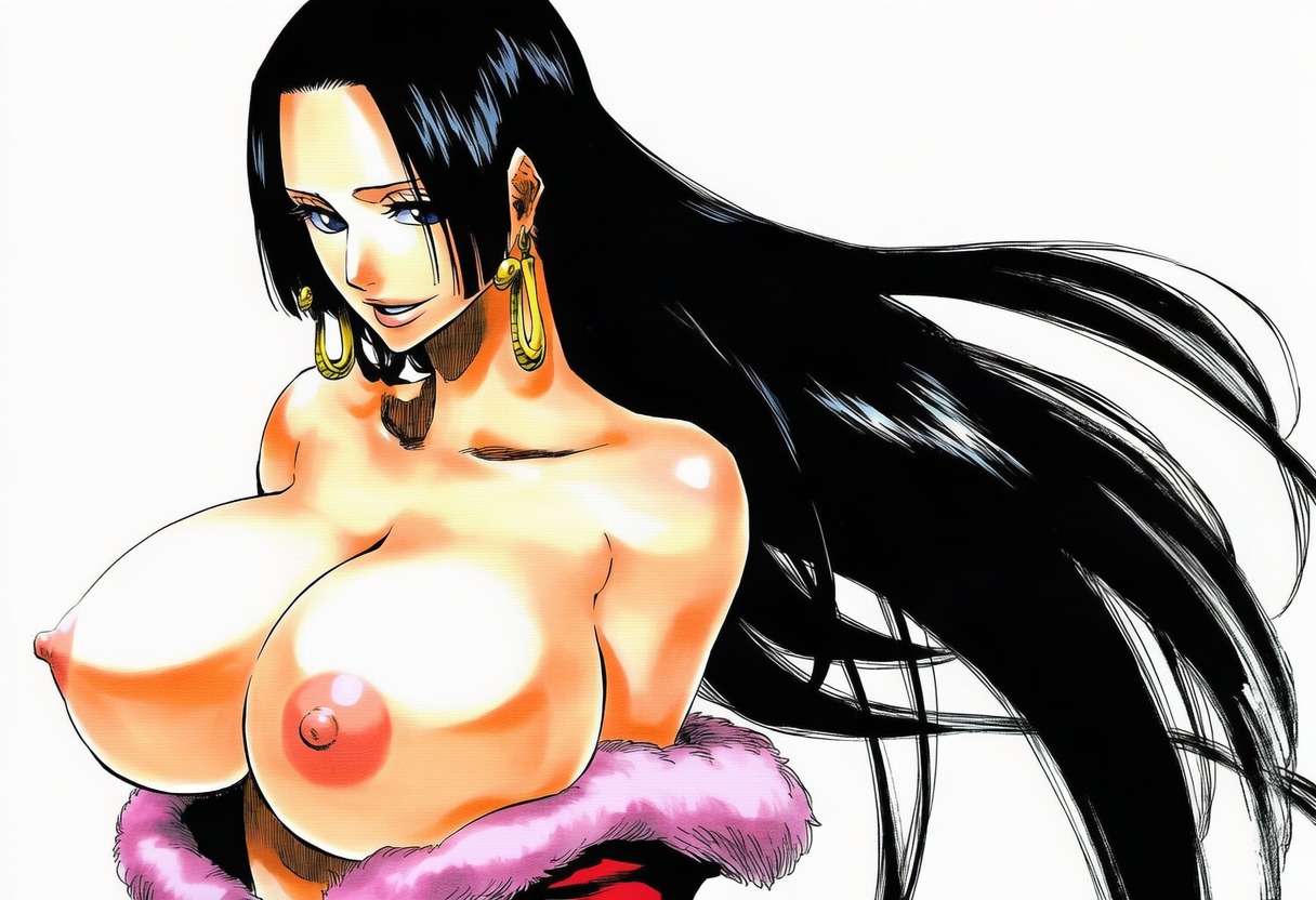 1girls, accurate body type, ai generated, areolae, arms at sides, bare breasts, bare shoulders, big breasts, blue eyes, boa hancock, breast focus, breasts, breasts bigger than head, breasts out, breasts out of clothes, busty, clavicle, cleavage, clothing, collarbone, curvaceous, curvy, dress, dress down, earrings, erect nipples, exposed breasts, eyelashes, fanart, female, female focus, female only, floating hair, flowing hair, front view, fur trim, fur trim (clothing), gold earrings, hatching (art), hatching (texture), high resolution, highres, hime cut, hoop earrings, hoop earrings oversized, jewelry, large breasts, light skin, light-skinned female, line art, long hair, looking at viewer, manga style, narrow waist, nipples, no bra, one piece, open clothes, open dress, parted lips, partially clothed, pinup, shiny hair, shiny skin, sidelocks, simple background, smile, snake earrings, solo, solo female, solo focus, standing, straight hair, three-quarter view, tite kubo style, topless, topless female, upper body, waifu, white background