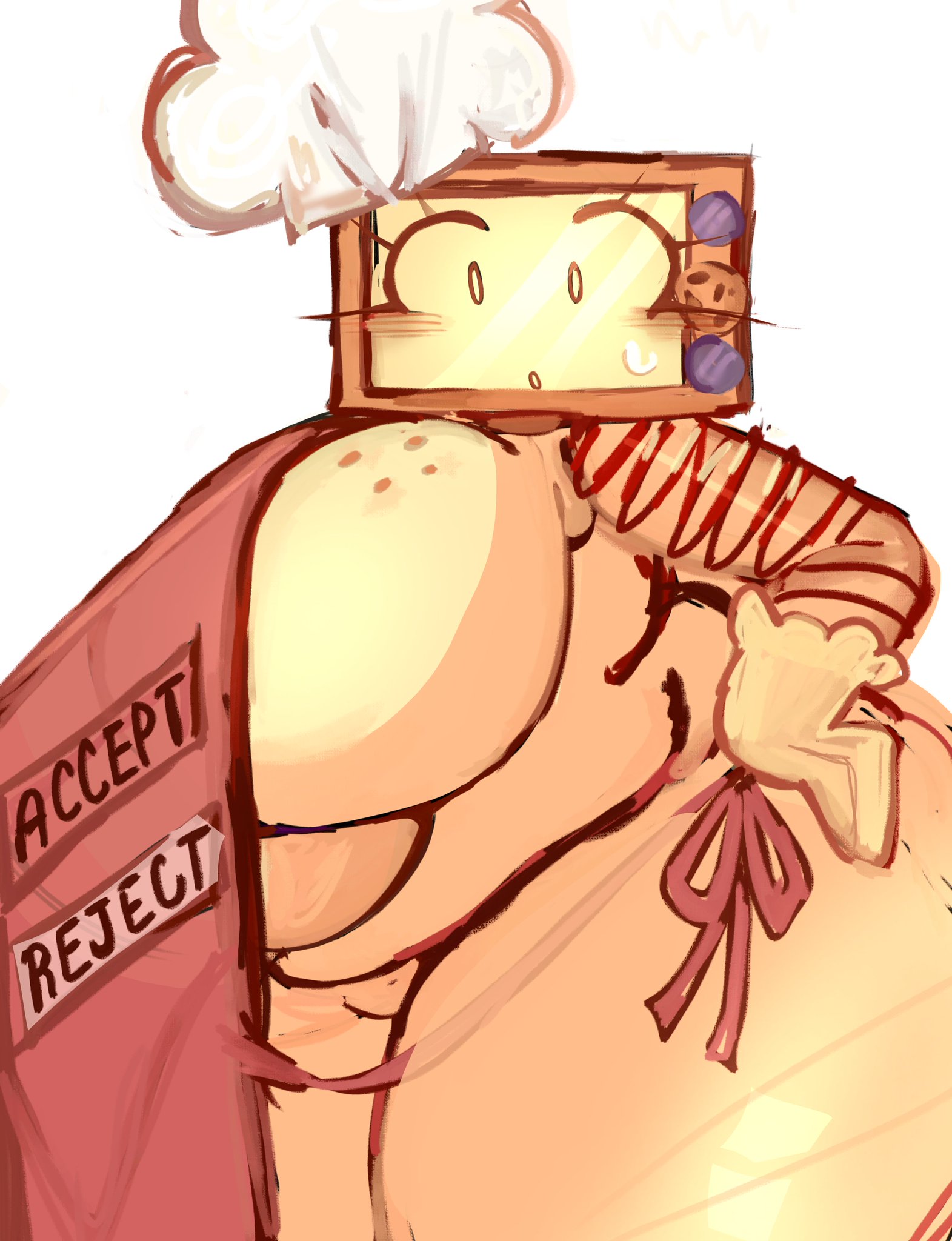 :o, 1girls, apron, apron only, belly, big ass, big breasts, boobs, chubby, chubby female, cookieware (die of death), die of death (roblox), freckles, freckles on breasts, hand on hip, no panties, roblox, roblox game, sweat, sweatdrop, thick thighs, thighs, wide hips, wide thighs