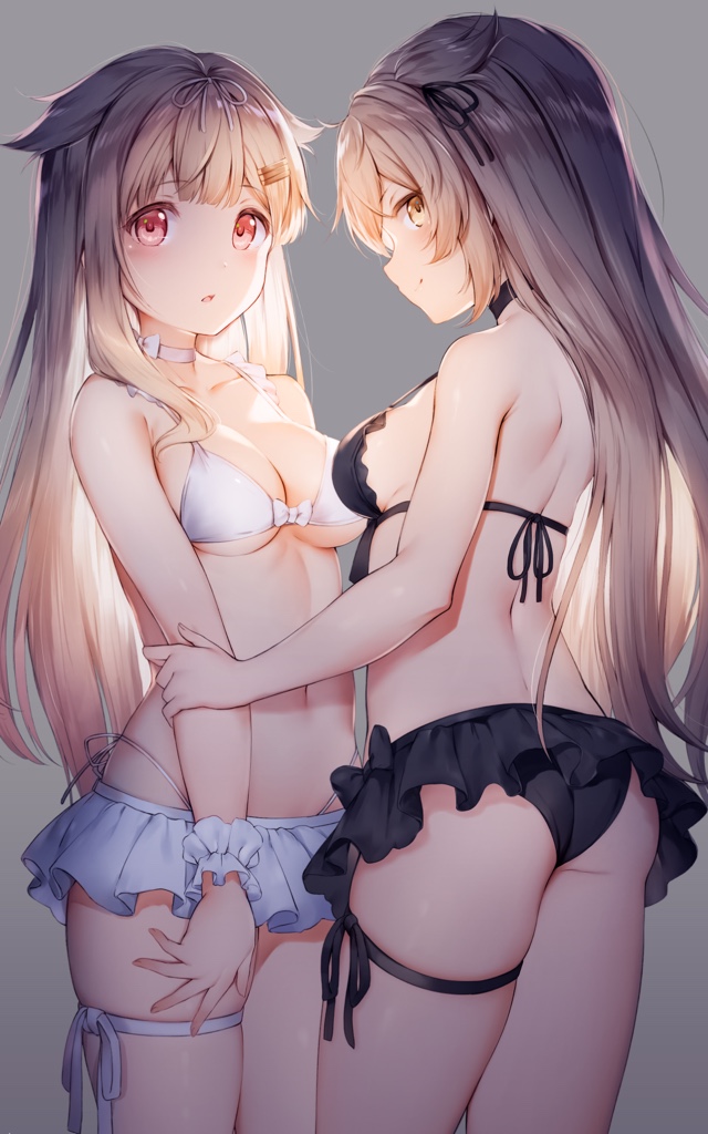2girls, big breasts, black bra, black panties, blonde hair, blush, breasts, female, kantai collection, lingerie, looking at viewer, orange eyes, pink eyes, tagme, white bra, white panties, yuri, yuudachi (kantai collection)
