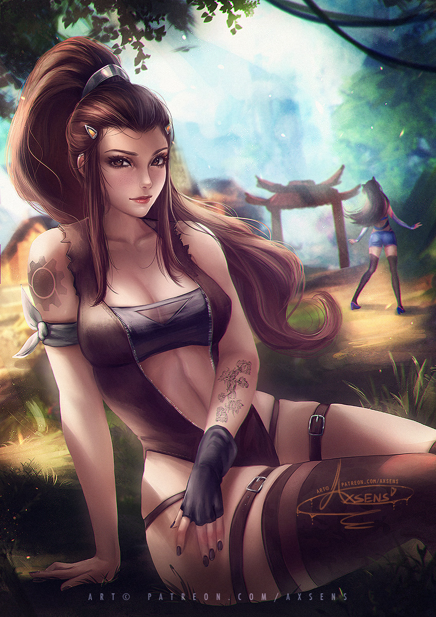 2d, 2girls, axsens, brigitte, brigitte lindholm, brown eyes, brown hair, cleavage, d.va, female, hana song, overwatch, patreon, tattoo, thighhighs