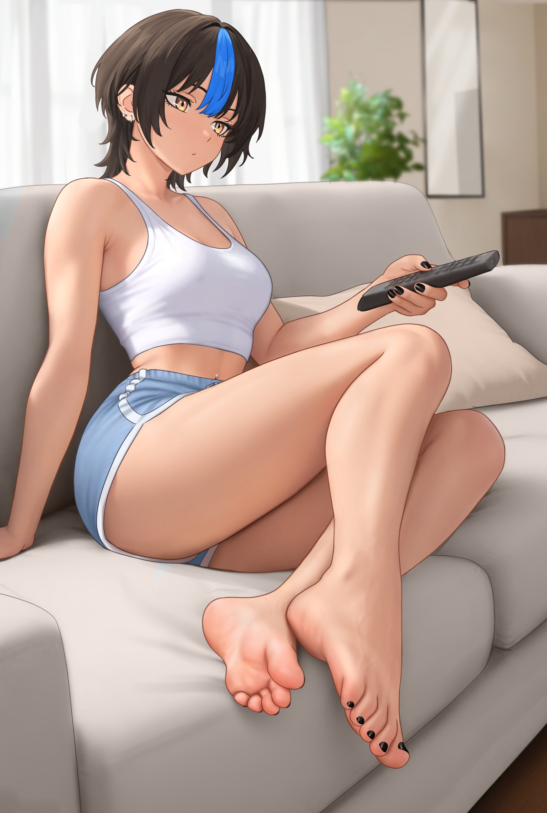1girls, amazing quality, armpits, ass, ass cheeks, beautiful girl, black hair, black nail polish, black nails, blue tuft, breasts, crop top, feet, feet fetish, feet together, foot fetish, gold eyes, golden eyes, hot body, hot female, laying, laying on sofa, legs, nihu, original, original character, perfect body, perfect feet, perfect soles, red soles, sexy feet, sexy soles, shiragi (nihu), short hair, shorts, skindentation, slender, slender body, slender build, slender legs, slender thighs, slender waist, smooth skin, soles, thick thighs, thighs, thighs together, toes, veins, veiny feet, watching tv, yellow eyes