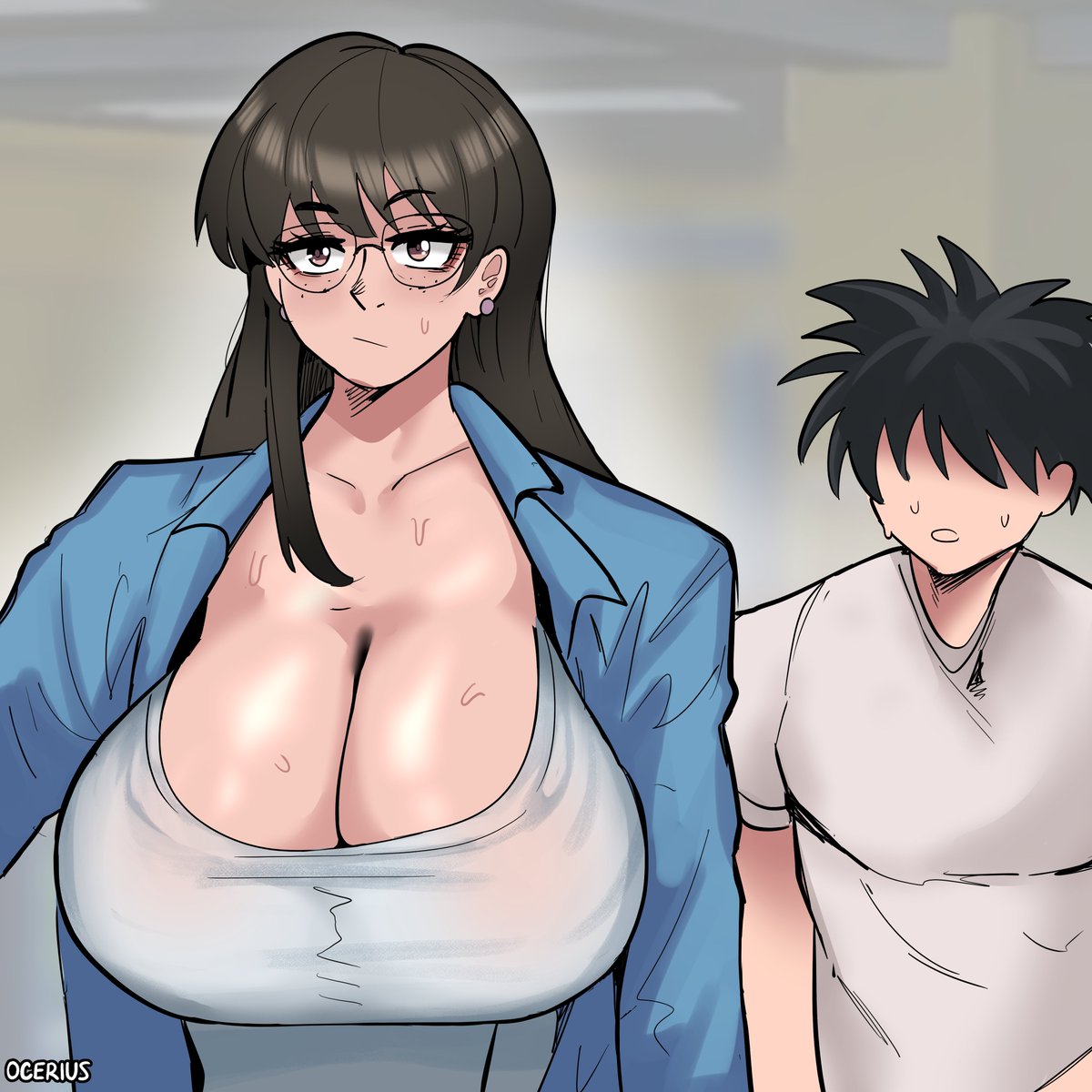 1boy, 1girls, black hair, breasts, breasts bigger than head, cleavage, cleavage cutout, clothing, confused, deep cleavage, distracted, duo, female, freckles, hajime no ippo, huge breasts, human, large breasts, male, mari imura, massive breasts, mommy, nipples visible through clothing, ocerius, reporter, standing, sweat, taller female, unaware, voluptuous
