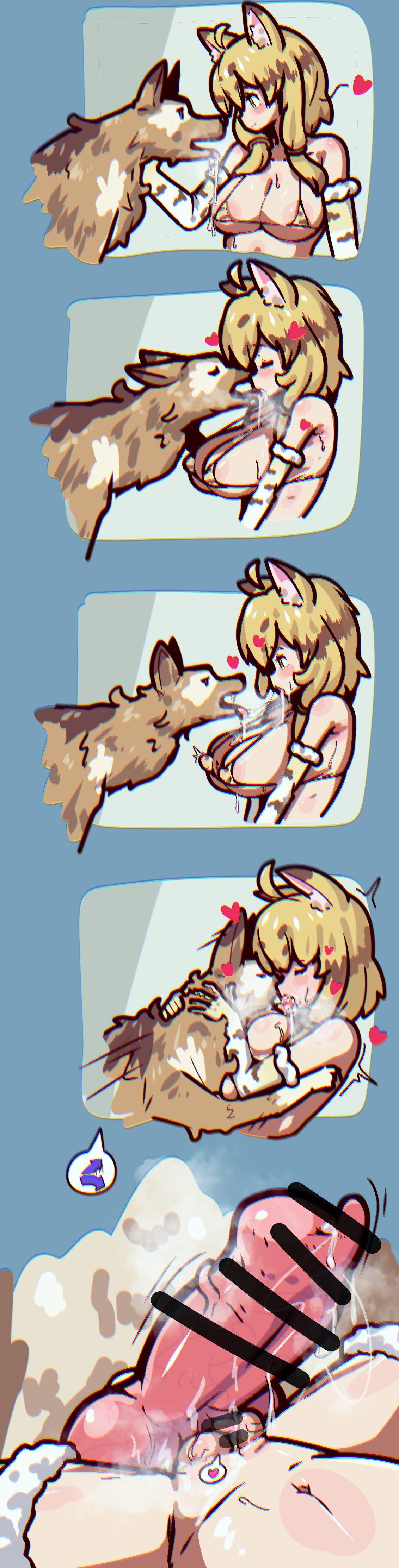 1boy, 1girls, animal ears, animal genitalia, animal penis, animal tail, bar censor, barely clothed, barely contained breasts, bestiality kiss, breasts, canid, canine, canine genitalia, canine penis, canis, censor bar, censored, censored penis, clothed, clothed female, clothing, dog penis, domestic dog, extreme french kiss, female, feral, french kiss, french kissing, frottage, imminent penetration, imminent sex, imminent vaginal, kemono friends, kemonomimi, kiss, kissing, knot, knotted penis, long hair, looking at viewer, male, male/female, medium breasts, passionate, penis, pointy ears, public restroom, pussy, romantic, rubbing, rubbing pussy, sand cat (kemono friends), seiranaichi, sex, tail, tongue, tongue out, zoophilia