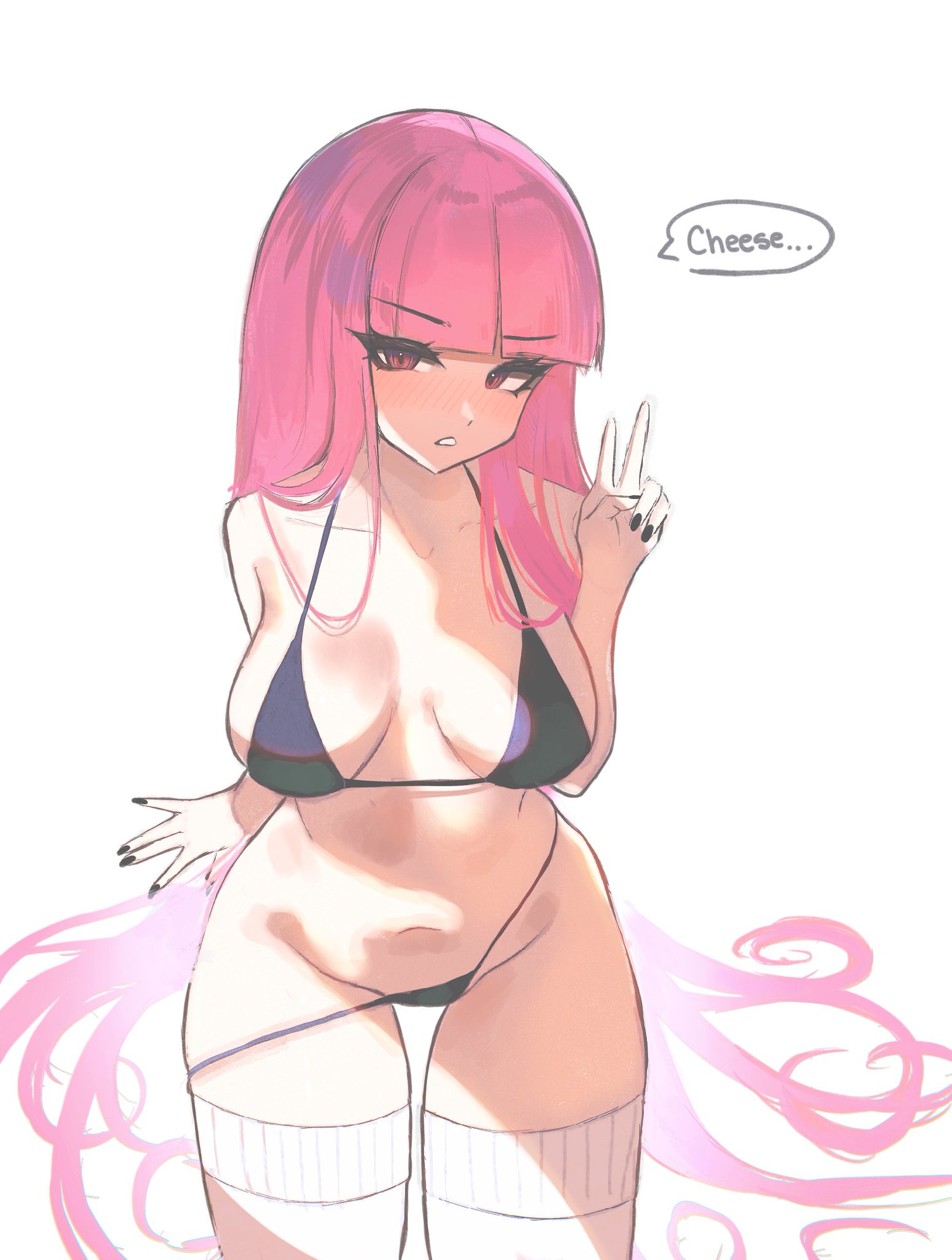 1girls, adult, adult female, arm support, bare arms, bare belly, bare chest, bare hands, bare hips, bare midriff, bare navel, bare shoulders, bare skin, belly, belly button, big breasts, bikini, bikini bottom, bikini top, black bikini, black bikini bottom, black bikini top, black fingernails, black nail polish, black nails, black string bikini, black swimsuit, black swimwear, blunt bangs, breasts, breasts apart, busty, busty female, collarbone, curvaceous, curvaceous body, curvaceous female, curvaceous figure, curvaceous hips, curvy, curvy body, curvy female, curvy figure, curvy hips, dialogue, dialogue bubble, digital, digital art, digital drawing, digital drawing (artwork), digital media, digital media (artwork), english, english dialogue, english text, exposed arms, exposed belly, exposed chest, exposed hips, exposed midriff, exposed navel, exposed shoulders, exposed skin, eyebrows visible through hair, female, female focus, female only, fingernails, fingers, groin, half naked, half nude, halterneck, high resolution, highres, hololive, hololive english, hololive myth, hourglass figure, inguinal crease, inguinal ligament, large boobs, large breasts, lean figure, legwear, long hair, looking at viewer, mature, mature female, midriff, mori calliope, nail polish, nails, naked, naked female, naked woman, narrow waist, navel, nude, nude female, nudity, parted lips, peace sign, pink eyebrows, pink eyes, pink hair, pink-eyed female, pink-haired female, plump breasts, s7nsles, semi nude, shoulders, sign, simple background, sitting, slender body, slender waist, slim waist, solo, stockings, string bikini, swimsuit, swimwear, text, text bubble, thick thighs, thigh gap, thigh highs, thighhighs, thighs, upper body, v, v sign, very long hair, very long-haired female, virtual youtuber, white background, white legwear, white stockings, white thigh highs, white thighhighs, wide hips
