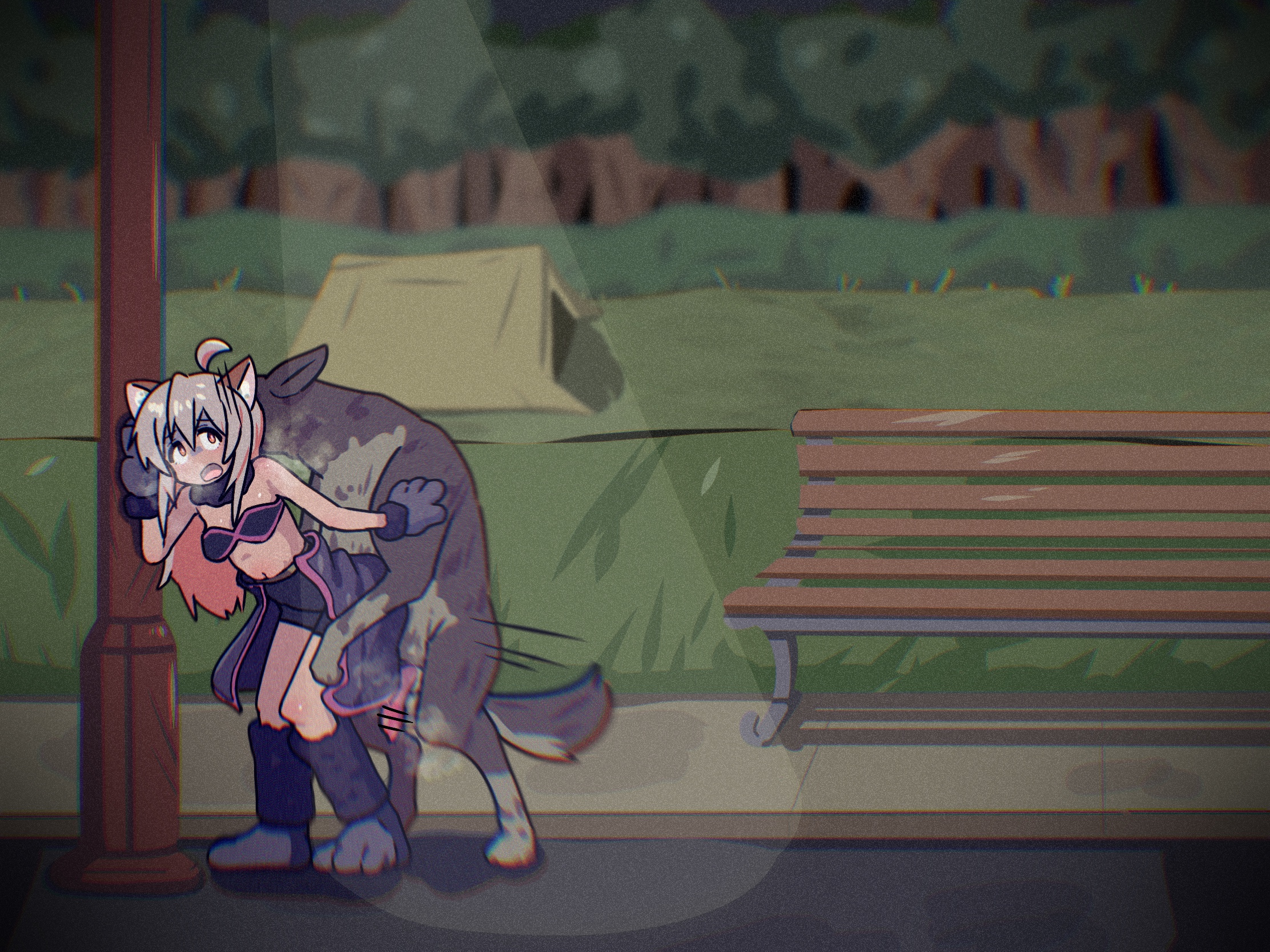1boy, 1girls, animal ears, animal genitalia, animal penis, animal tail, bar censor, canid, canine, canine genitalia, canine penis, canis, censor bar, censored, censored penis, clothed, clothed female, clothing, domestic dog, female, feral, imminent rape, imminent sex, kemonomimi, knot, knotted penis, long hair, looking at viewer, male, male/female, night, onii-chan wa oshimai!, oyama mahiro, penis, pointy ears, scared, seiranaichi, tail, zoophilia