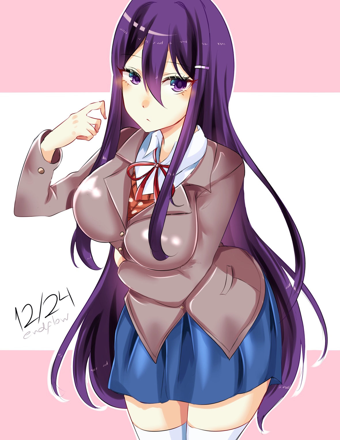 1girls, arm under breasts, bangs, big breasts, blazer, blush, breasts, doki doki literature club, female, hair ornament, hairclip, large breasts, long hair, looking at viewer, purple eyes, purple hair, school uniform, skirt, thighhighs, yuri (doki doki literature club), zettai ryouiki