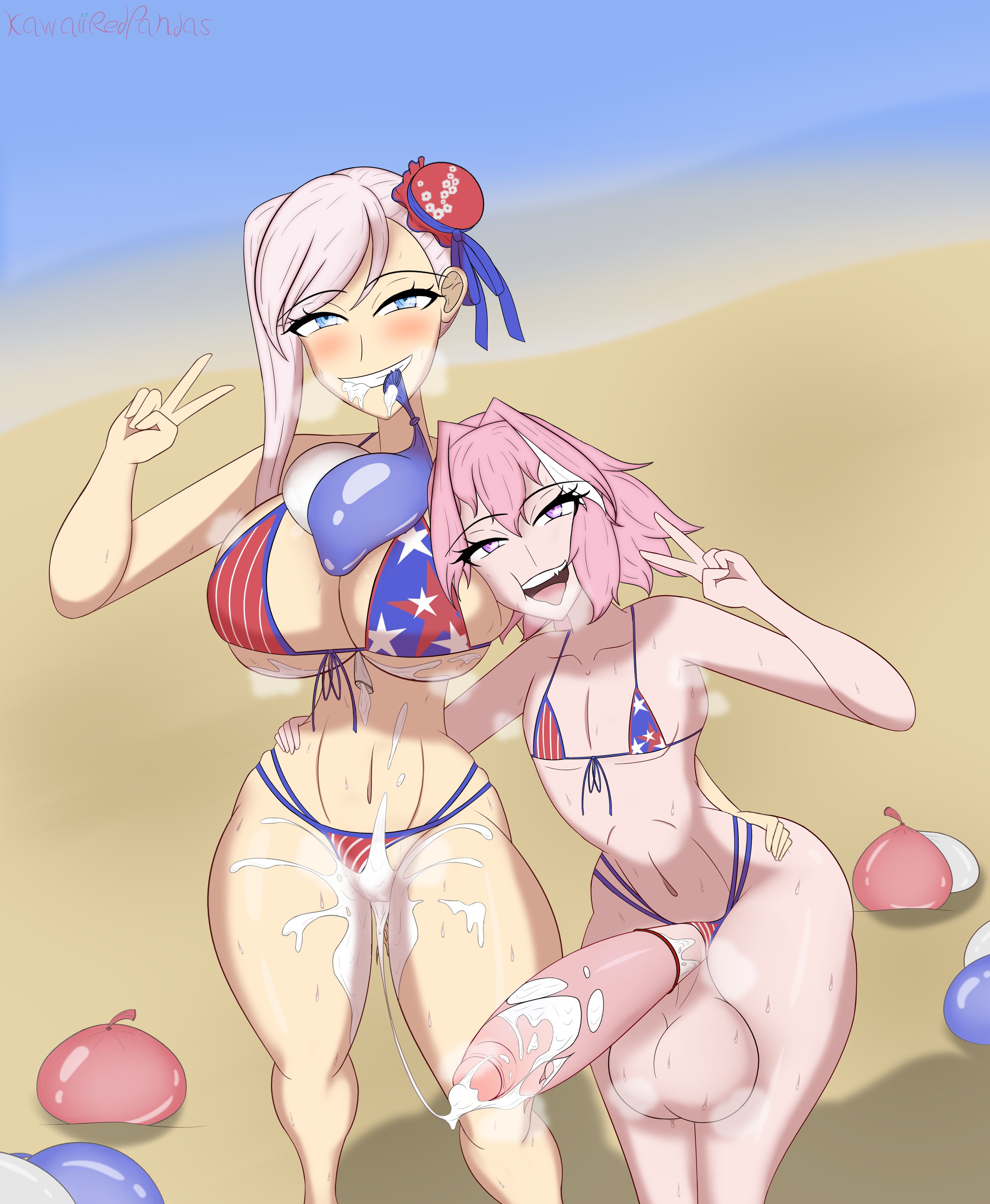 1boy, 1boy1girl, 1girls, after sex, astolfo (fate), astolfo (fate/apocrypha), balls, beach, big balls, big penis, bigger female, bikini, blush, breasts, cheating, condom, condom balloon, condom breaks, condom filling, condom in mouth, condom wrapper, cucked by femboy, cuckold, cum, cum drip, cum filled condom, cum in condom, cum in mouth, cum in pussy, cum inside, cum leaking, cum leaking out of pussy, cum on breasts, cum on face, cute, cute male, duo, fate (series), fate/grand order, female, femboy, femboy on female, femboy with female, femboy/female, femboydom, grin, hand on another's hip, huge ass, huge balls, huge breasts, huge cock, hung femboy, hung trap, kawaiiredpandas, looking at viewer, male, mature, miyamoto musashi (fate), miyamoto musashi (swimsuit berserker), netorare, ntr, peace sign, penis, pink hair, pussy, small but hung, smile, smiling at viewer, steaming body, straight, swimsuit, trap, used condom, used condoms, v sign