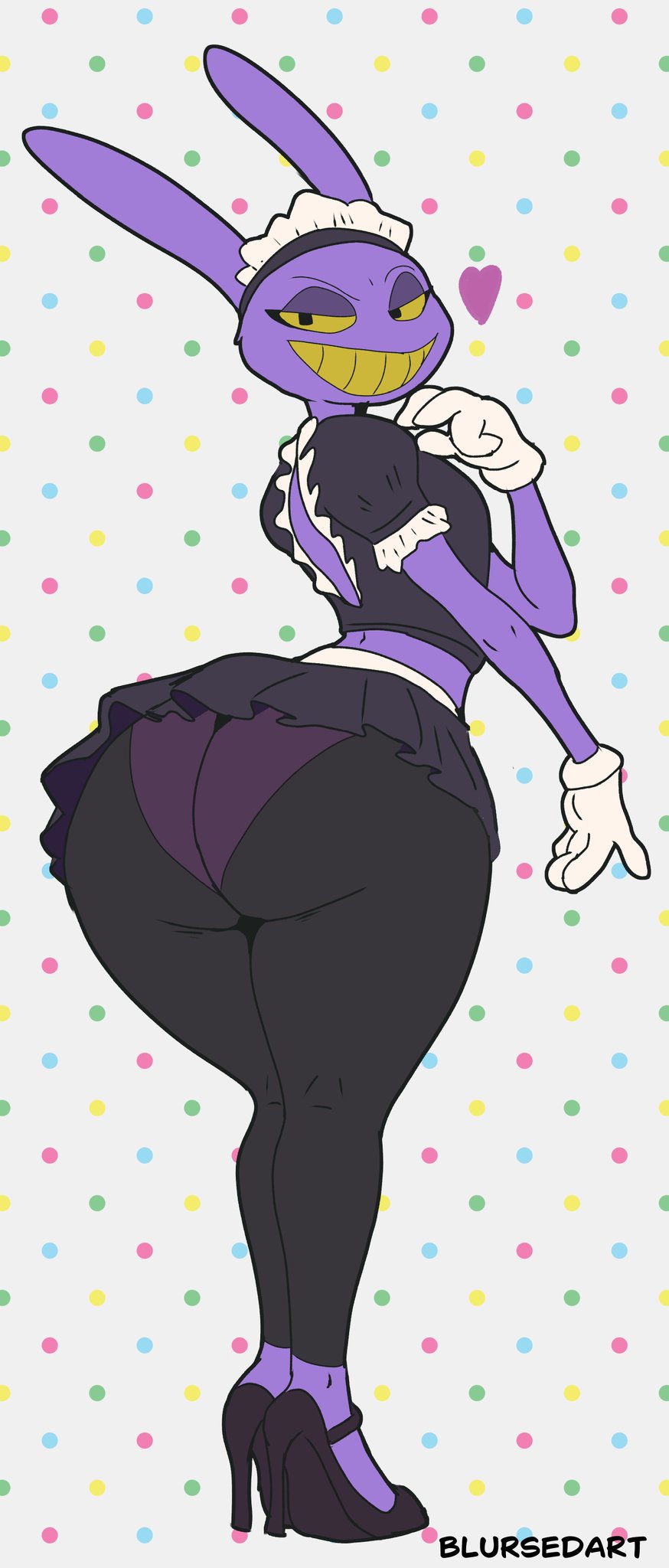 1boy, anthro, ass, bedroom eyes, big ass, blursedart, bottom heavy, bubble butt, clothing, fat ass, femboy, femboy maid, furry, glitch productions, gloves, half-closed eyes, heels, high heels, huge ass, jax (the amazing digital circus), lagomorph, large ass, leggings, looking at viewer, looking back, maid, maid jax (the amazing digital circus), maid outfit, maid uniform, male, male only, panties, pantyhose, purple body, purple fur, rabbit, shoes, smile, solo, solo male, the amazing digital circus, thick ass, thick thighs, wide hips, yellow eyes