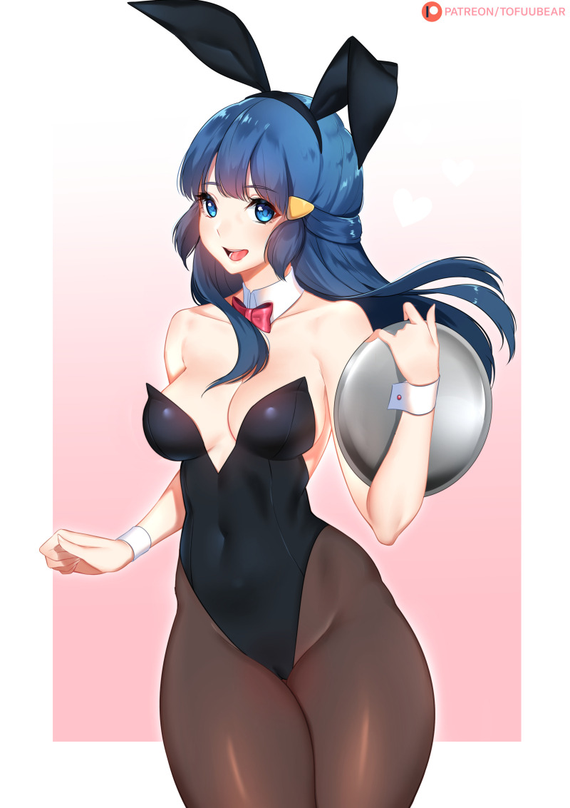 blue hair, breasts, bunny ears, bunny girl, bunnysuit, cleavage, dawn (pokemon), female, female only, horny, looking at viewer, pantyhose, pokemon, solo, tofuubear