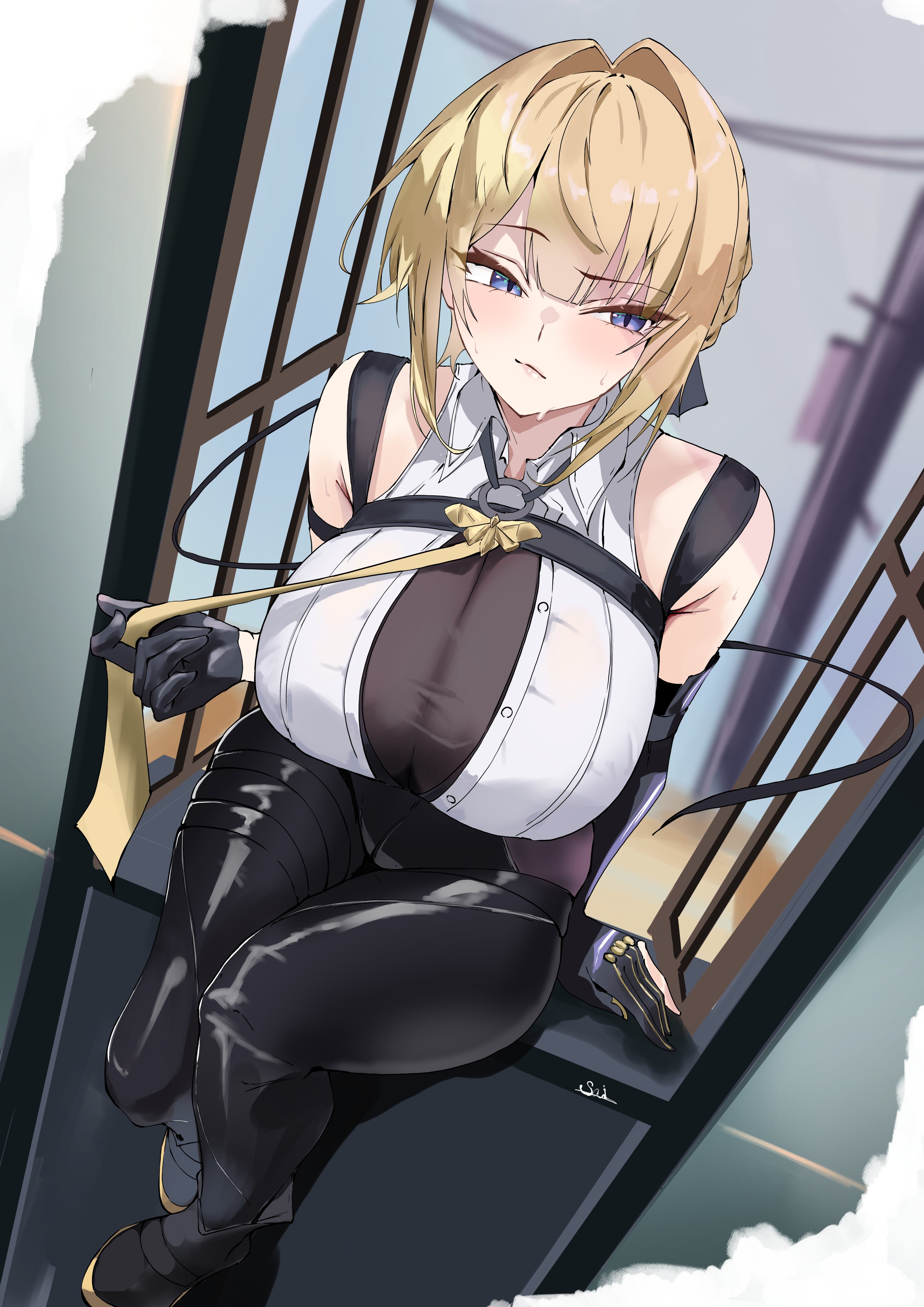 absurdres, bare shoulders, black gloves, black pants, blonde hair, blush, breasts, chest harness, choker, collared shirt, earrings, elbow gloves, evelyn chevalier, female, female only, gloves, hair ornament, harness, high-waist pants, highres, jewelry, large breasts, looking at viewer, medium hair, necktie, nixie 8808, pants, purple eyes, s4ika, shirt, sleeveless, sleeveless shirt, solo, thighs, tight clothes, tight pants, white shirt, zenless zone zero