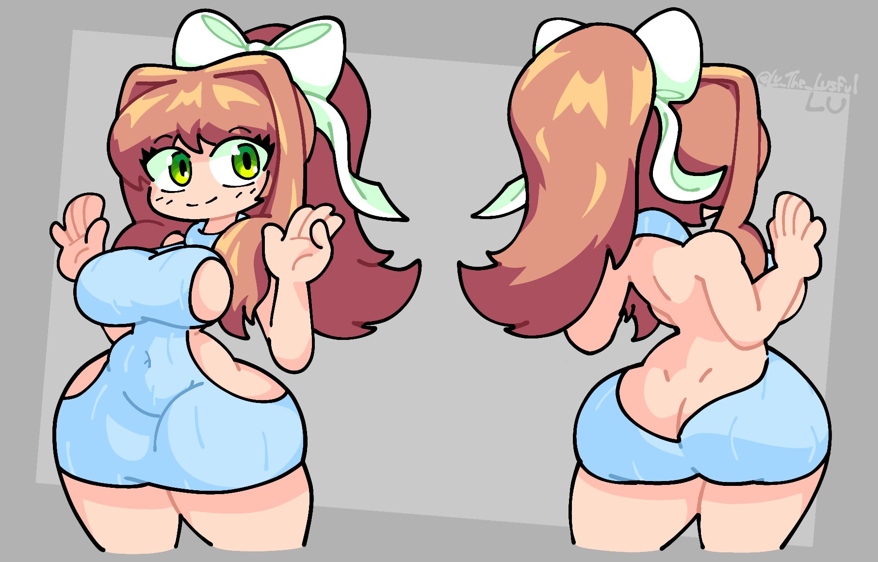 1girls, ass, back view, behind view, boobs, breasts, butt, doki doki literature club, female, front and back, front view, green eyes, long hair, lu the lustful, monika (doki doki literature club), sideboob