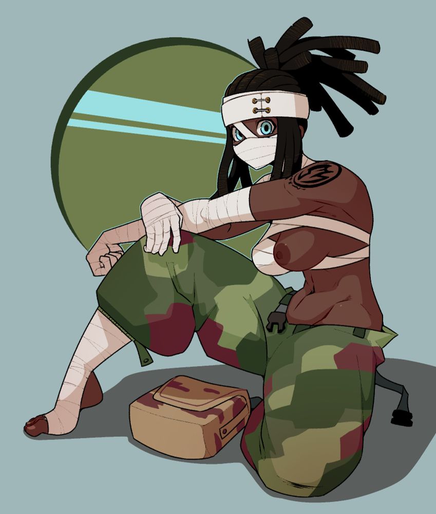 1girls, 2d, 2d (artwork), army pants, baggy pants, bandages, belly button, black hair, blue eyes, breasts, breasts out, brown areola, cargo pants, covered mouth, dabble, dark areola, dark nipples, dark skin, dark-skinned female, dreadlocks, dreads, ebony, female, female focus, female only, headband, headwear, looking at viewer, mask, midriff, mira naigus, mouth mask, navel, ponytail, shadow, simple background, small breasts, solo, solo focus, solo only, soul eater, tagme, tattoo, tattooed arm, toes, unbuckled pants, window