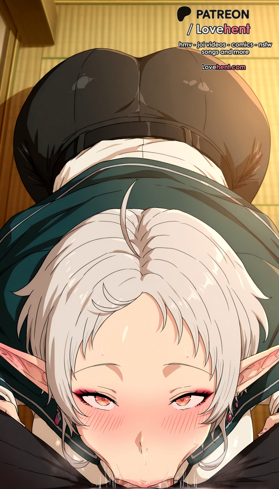 :>=, 1boy, 1girls, ahoge, ai generated, ass, black pants, blush, deepthroat, elf, fellatio, female, grey hair, jacket, looking at viewer, lovehent, male, mushoku tensei, oral, pants, penis, pointy ears, pov, pov crotch, red eyes, saliva, short hair, solo focus, straight, sweat, sylphiette (mushoku tensei), white hair