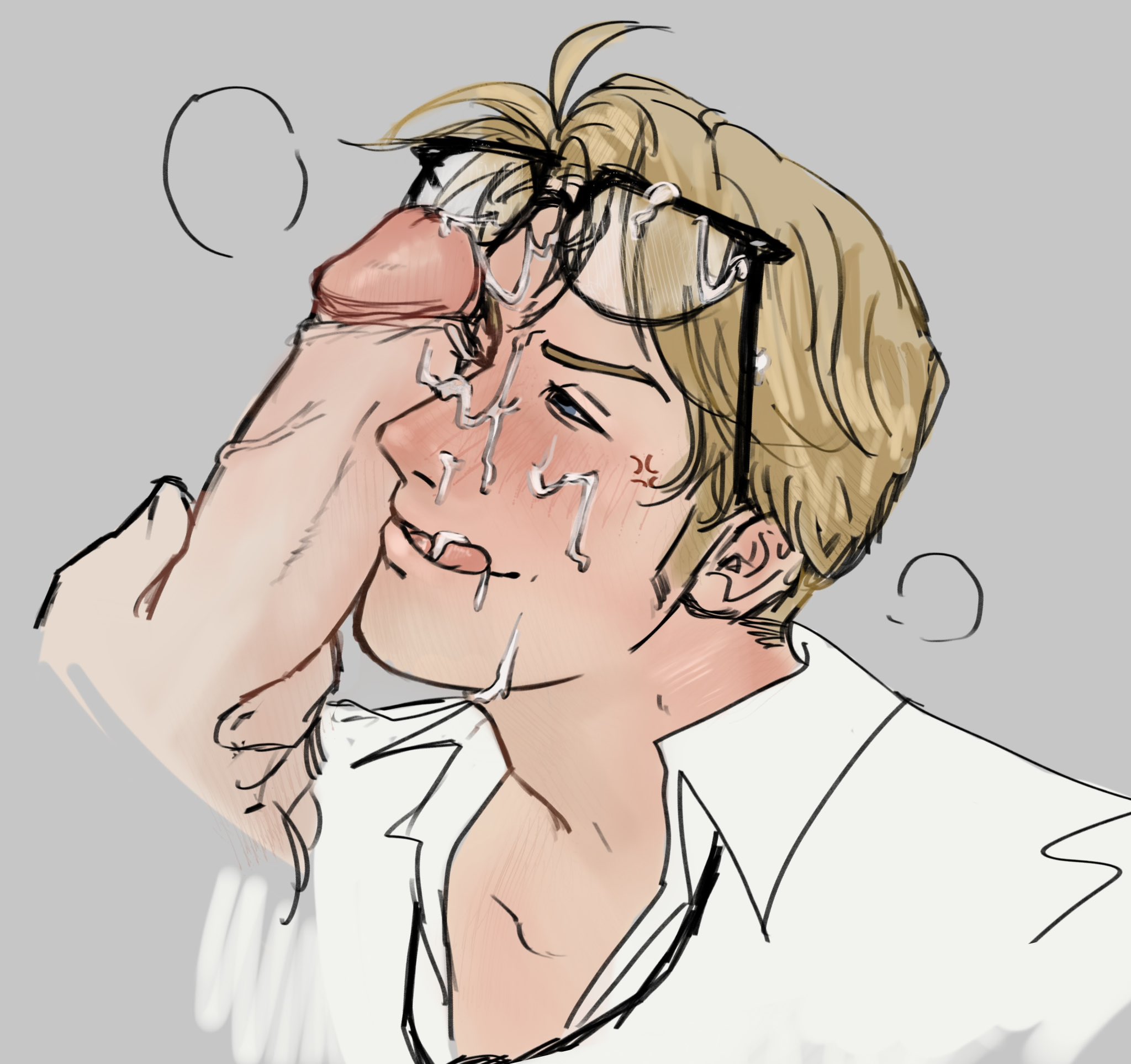 america (hetalia), axis powers hetalia, berserklvr420, blonde hair, blowjob, blowjob face, cum, cum on face, gay, glasses, hetalia, light-skinned male, male, male only, male/male, tongue out