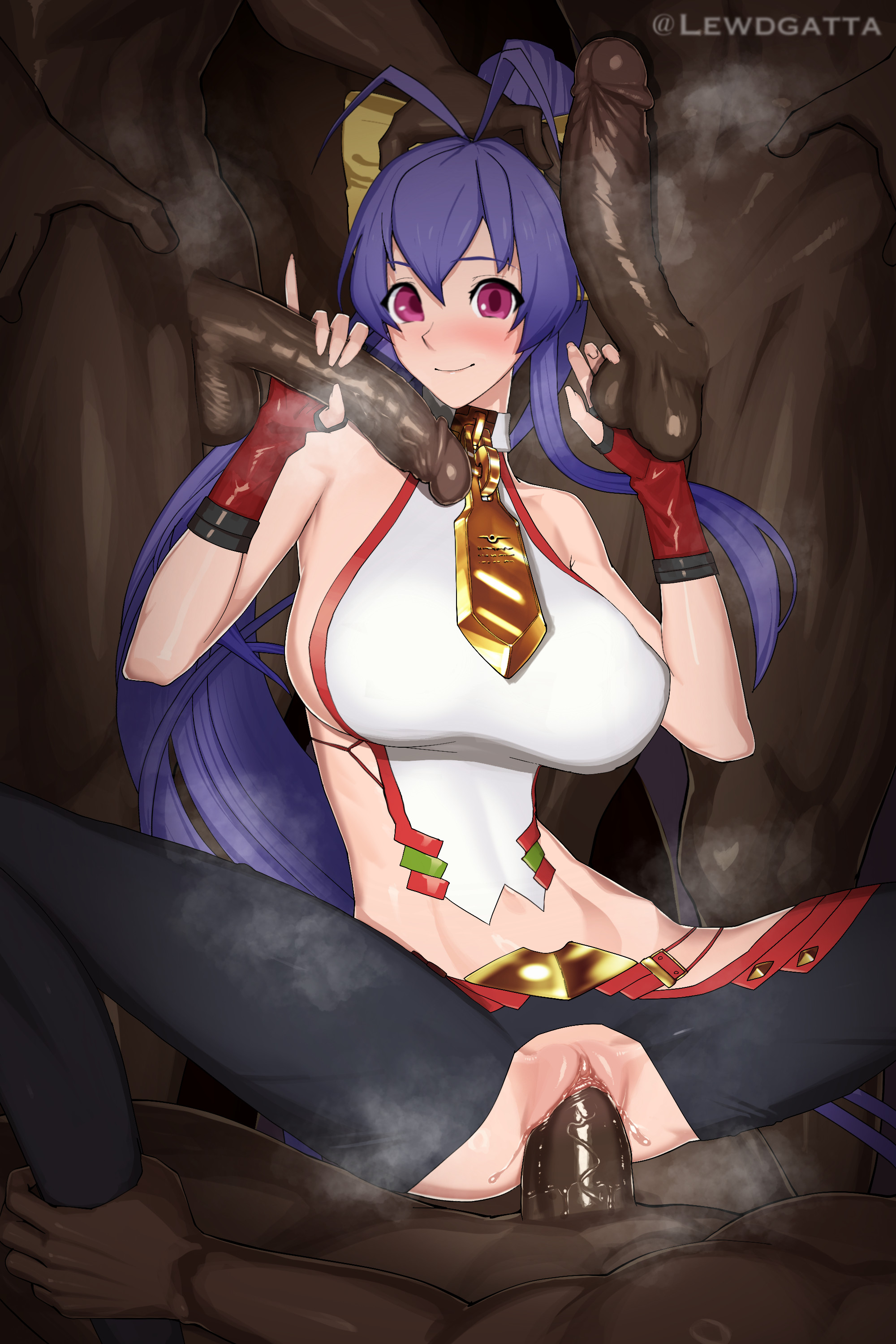 big breasts, blazblue, breasts, dark-skinned male, female, hand on head, interracial, lewdgatta, mai natsume, male, pussy, vaginal penetration, wide hips