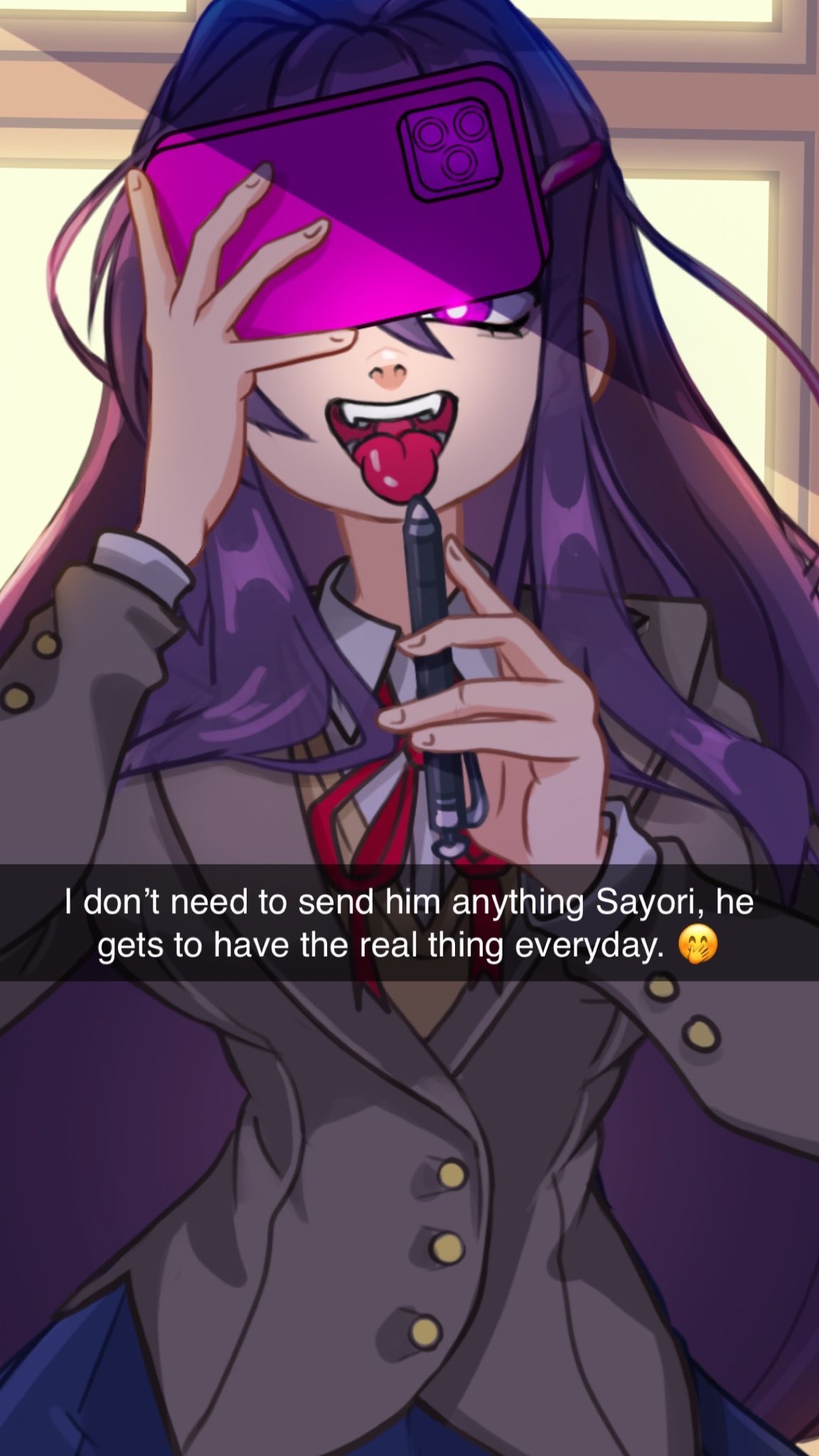 1girls, 5 fingers, blue skirt, caption box, captioned, clothes, clothing, doki doki literature club, english text, female, group chat, groupchat, long hair, mouth open, open mouth, pen, phone, phone case, phone covering face, purple hair, selfie, sexting, skirt, snapchat, snapchat sexting, solo, solo female, teeth, teeth showing, text, tongue, tongue out, writing utensil, xx.ham.donut.xx, yuri (doki doki literature club)