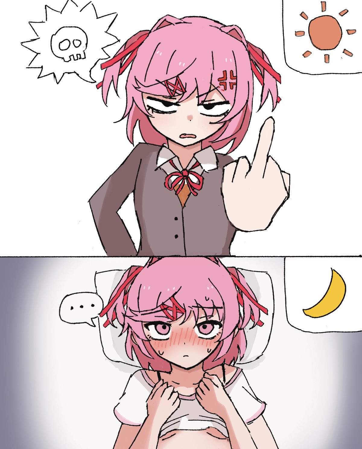 ..., 2 panel comic, 2b enpituu, 2koma, anger vein, blush, blush lines, blushing, boobs, breasts, casual clothes, clothes, clothing, comic, doki doki literature club, female, flipping off, flipping the bird, flipping viewer off, looking at viewer, middle finger, moon, natsuki (doki doki literature club), pillow, pink eyes, pink hair, school uniform, skull, sun, text bubble, underboob