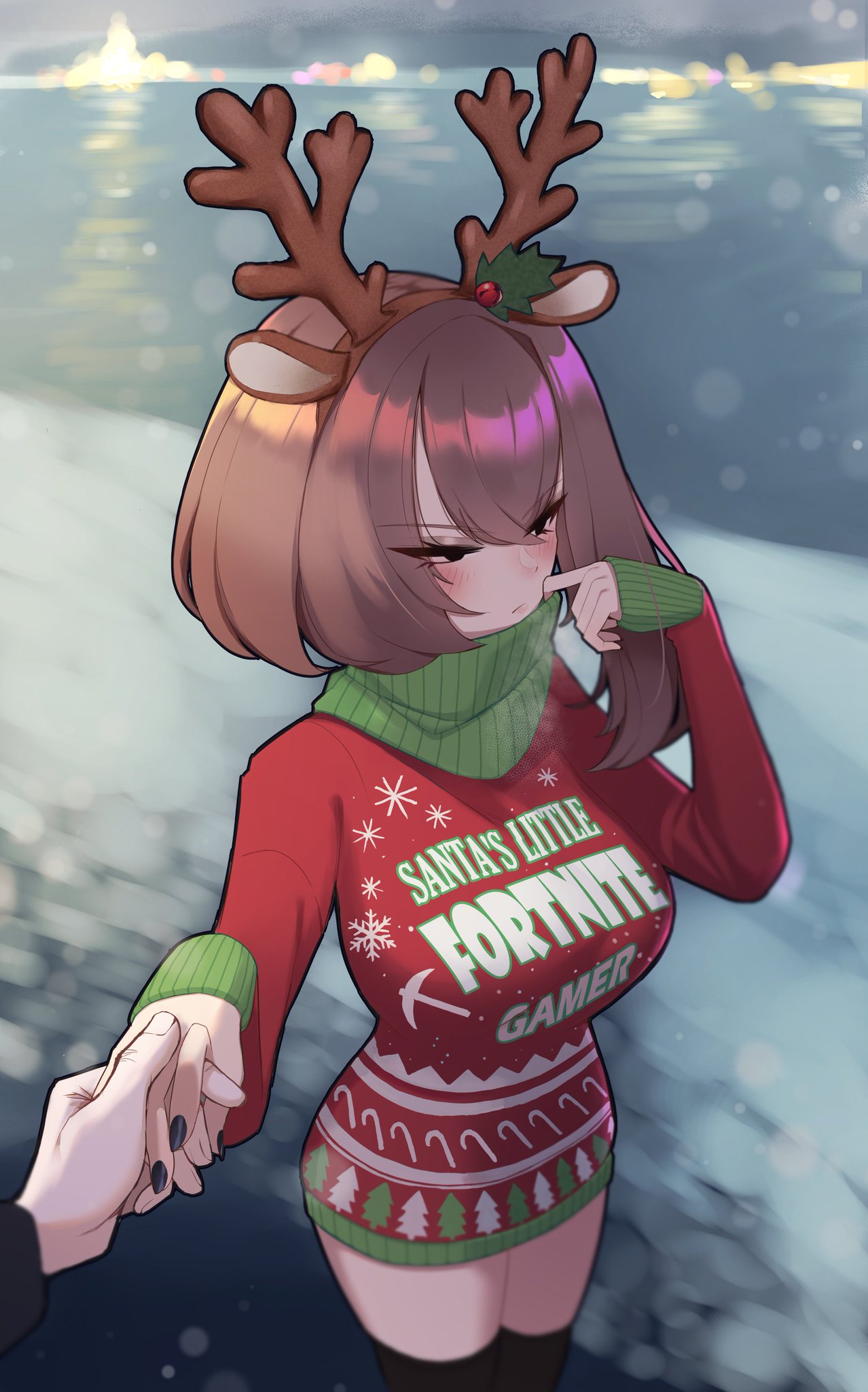 breasts brown_hair caroline_(psidubs) christmas christmas_clothing christmas_outfit holding_hand light-skinned_female light_skin psidubs reindeer_hair_ornament short_hair text text_on_clothing thighs winter