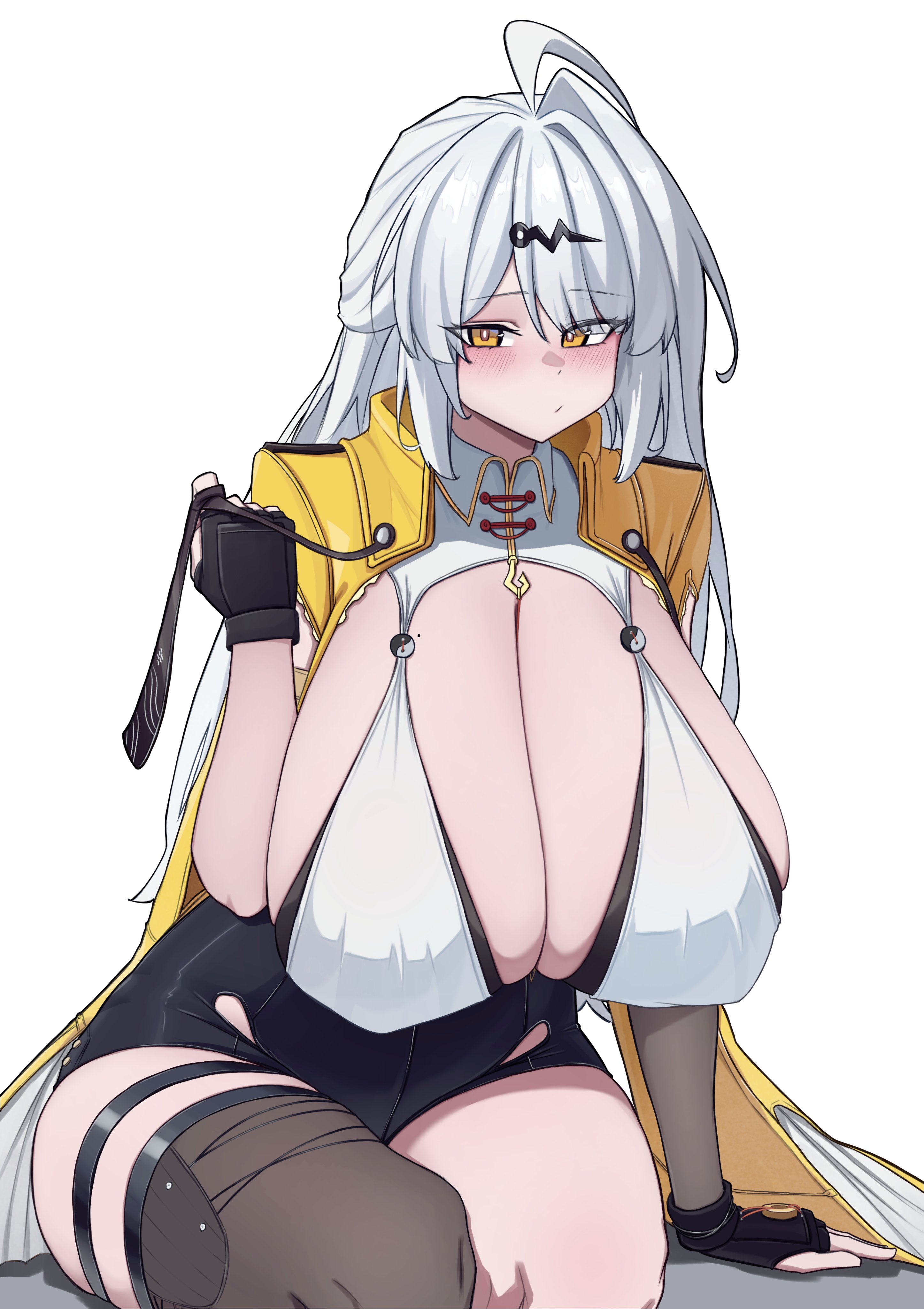 1girls, ahoge, bangs, big breasts, black gloves, blush, breasts, breasts bigger than head, cleavage, female, female only, gloves, hair ornament, huge breasts, k dhen, long hair, looking at viewer, silver hair, sitting, striped, tagme, thick thighs, thighs, very long hair, white hair, yellow eyes, yixuan (zenless zone zero), yunkui summit, zenless zone zero