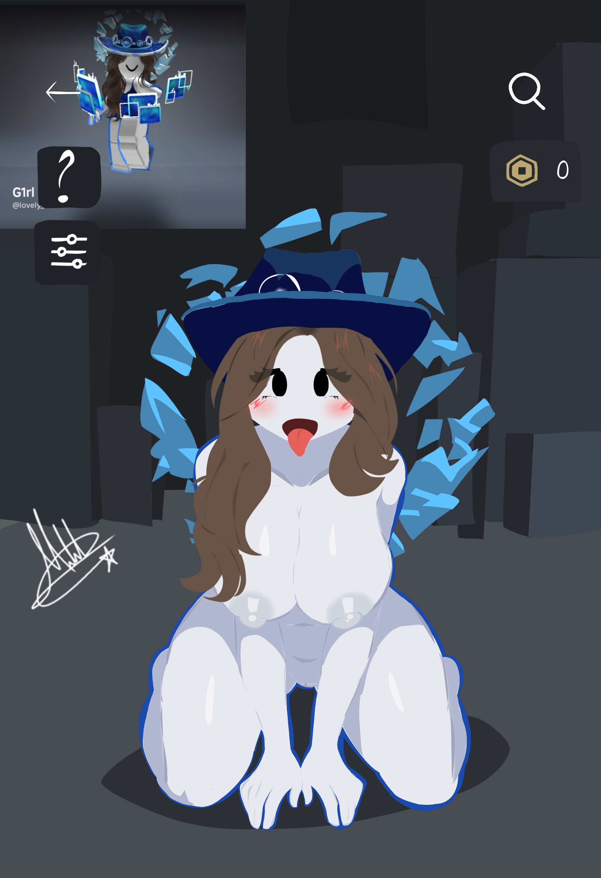 1girls, 2d, barefoot, breasts, completely nude, completely nude female, digital art, digital media, digital painting, female, female only, full body, kneeling, naked, naked female, nipples, nude, nude female, open mouth, open smile, reference image, roblox, roblox avatar, robloxian, self upload, shawmel, smile, solo, solo female, squatting, tagme, tongue, tongue out
