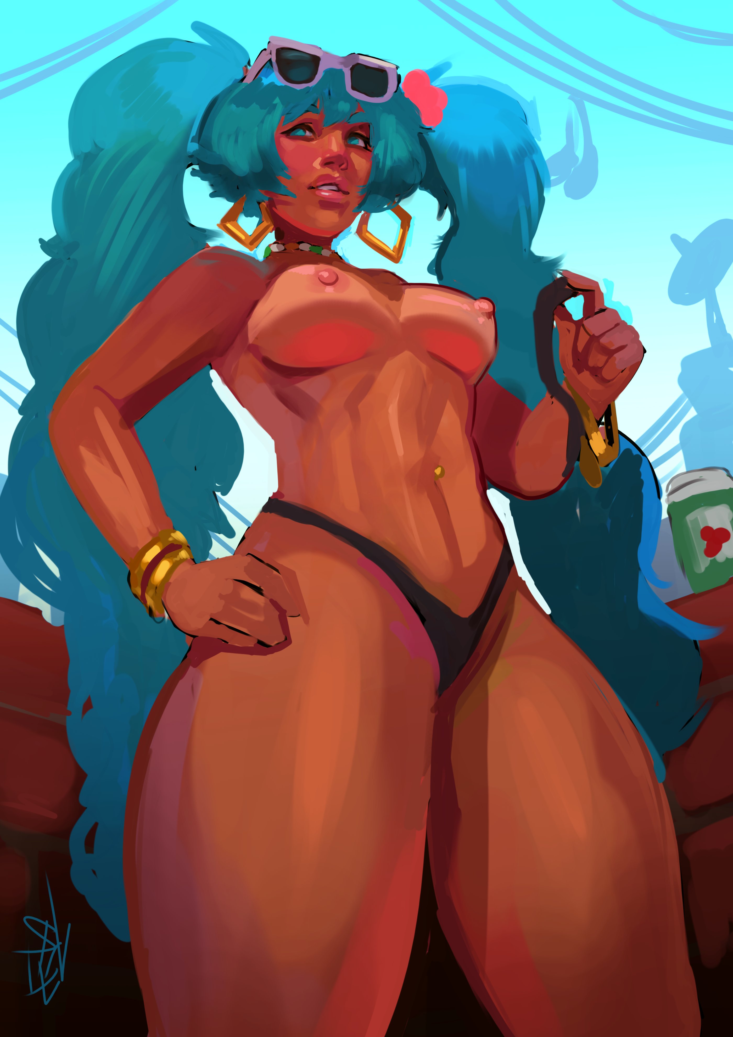 1girl, 1girls, 2024, absurd res, aqua eyes, aqua hair, areolae, bangle, big hair, bikini, black bikini, blue eyes, bracelet, brazilian miku, breasts, choker, dark skin, dark-skinned female, earrings, eyewear on head, female, female only, from below, green hair, hand on hip, hatsune miku, hoop earrings, jewelry, korwuarts, large breasts, lips, lipstick, long hair, long twintails, looking at viewer, medium breasts, navel, navel piercing, necklace, nipples, nose, panties, parted lips, piercing, solo, sunglasses, sunglasses on head, swimsuit, tan, tan body, tan skin, thick thighs, thighs, topless, twintails, very long hair, vocaloid