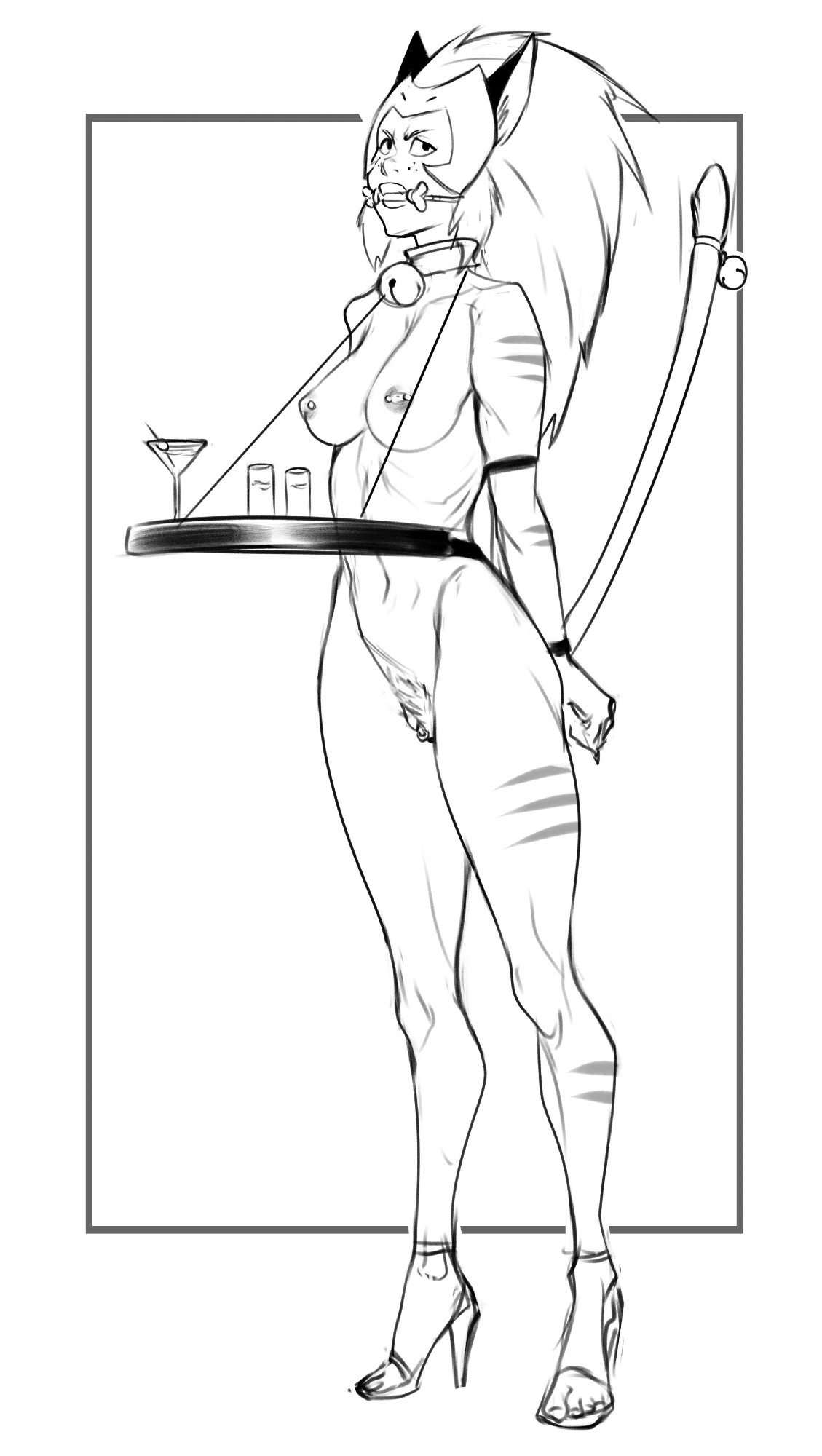 bad end, bell, bell collar, bell on tail, bondage, cat ears, cat girl, cat tail, catgirl, catra, collar, defeated, defeated heroine, female, gag, gagged, gagged female, heels, heels only, high heels, high heels only, izra, mouth gag, naked, naked female, nude, nude female, part 1, part of a set, restrained, serving tray, sex slave, she-ra and the princesses of power, slave, slave girl, tied, tied arms, tied hands, tied up