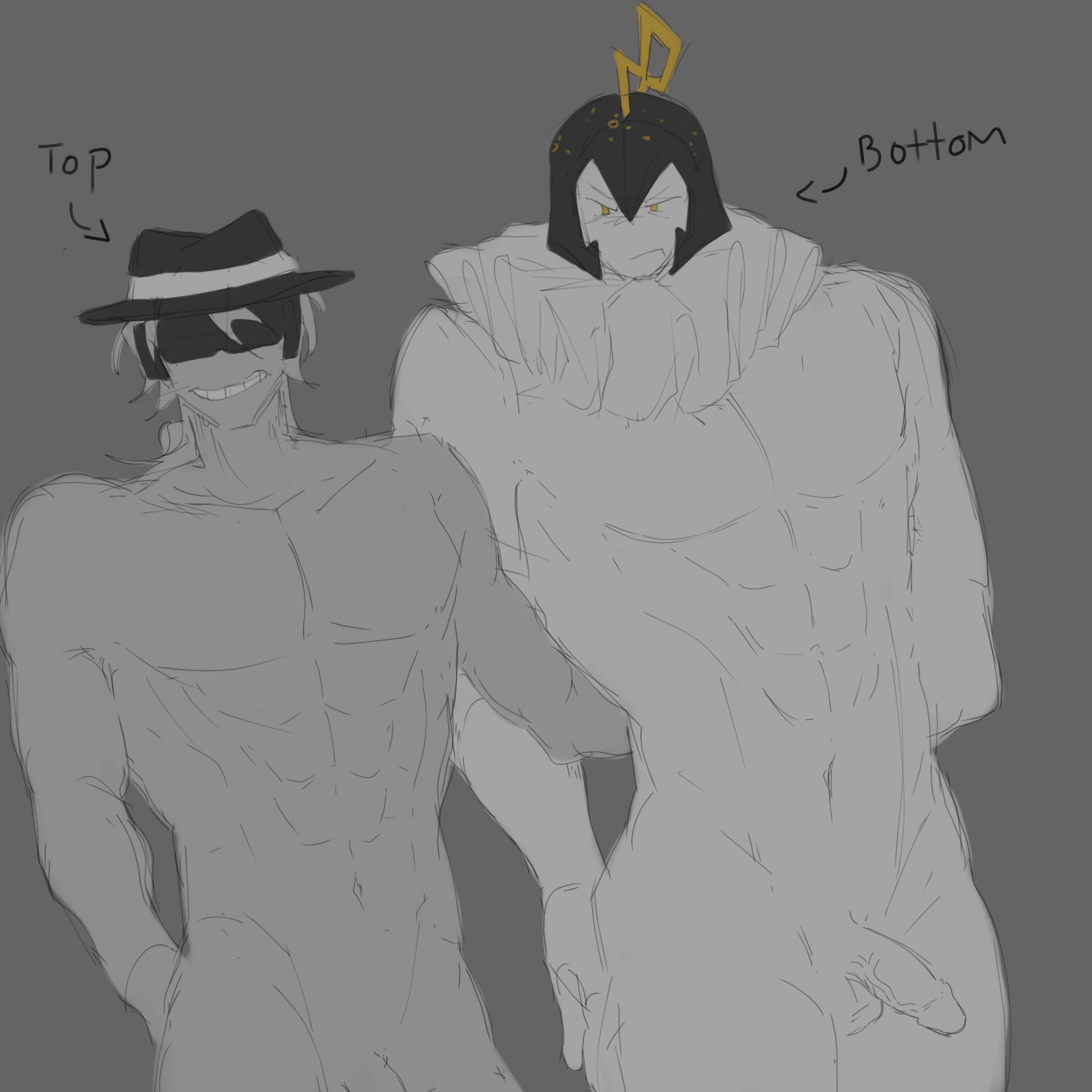 1boy, 1other, ambiguous gender, balls, chance (forsaken), dick, doodle, forsaken (roblox), glasses, hat, headphones, helmet, male, male only, male/male, muscular, muscular male, naked, nonbinary, nonbinary (lore), penis, ringmaster (forsaken), roblox, roblox game, robloxian, self upload, sexmaster99, sketch, tagme