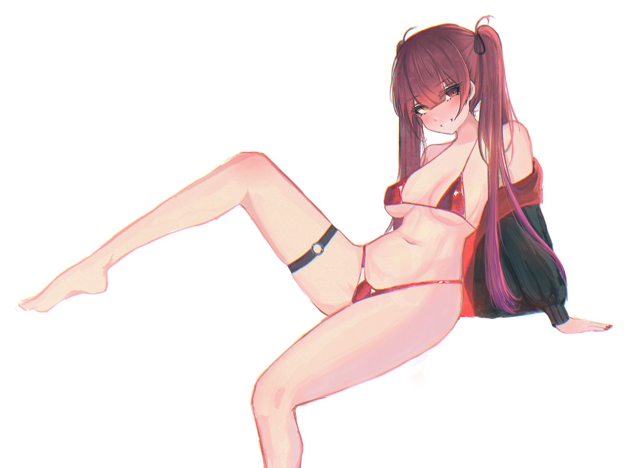 1girls, adult, adult female, arm support, bare belly, bare calves, bare chest, bare hands, bare hips, bare knees, bare legs, bare midriff, bare navel, bare shoulders, bare soles, bare thighs, barefoot, belly, belly button, bewitching thighs, bikini, bikini bottom, bikini top, black coat, black jacket, breasts, calves, child bearing hips, coat, collarbone, curvaceous, curvaceous body, curvaceous female, curvaceous figure, curvaceous hips, curvy, curvy body, curvy female, curvy figure, curvy hips, exposed belly, exposed chest, exposed hips, exposed legs, exposed midriff, exposed navel, exposed shoulders, exposed skin, exposed thighs, exposed toes, eyebrows visible through hair, feet, female, female focus, female only, fingernails, fingers, full body, groin, hair tie, halterneck, head tilt, heterochromia, high resolution, highres, hololive, hololive fantasy, hololive japan, hourglass figure, houshou marine, jacket, knee up, knees, lean figure, legs, long hair, looking at viewer, mature, mature female, medium breasts, midriff, nail polish, nails, narrow waist, navel, nipple bulge, open coat, open jacket, parted lips, red bikini, red bikini bottom, red bikini top, red fingernails, red hair, red nail polish, red nails, red string bikini, red swimsuit, red swimwear, red-haired female, s7nsles, shoulders, simple background, sitting, slender body, slender waist, slim waist, smile, smiley face, smiling at viewer, solo, string bikini, swimsuit, swimwear, thick thighs, thighband, thighs, tilted head, toes, twintails, twintails (hairstyle), virtual youtuber, vtuber, vtuberfanart, white background, wide hips, yellow eyes, yellow-eyed female