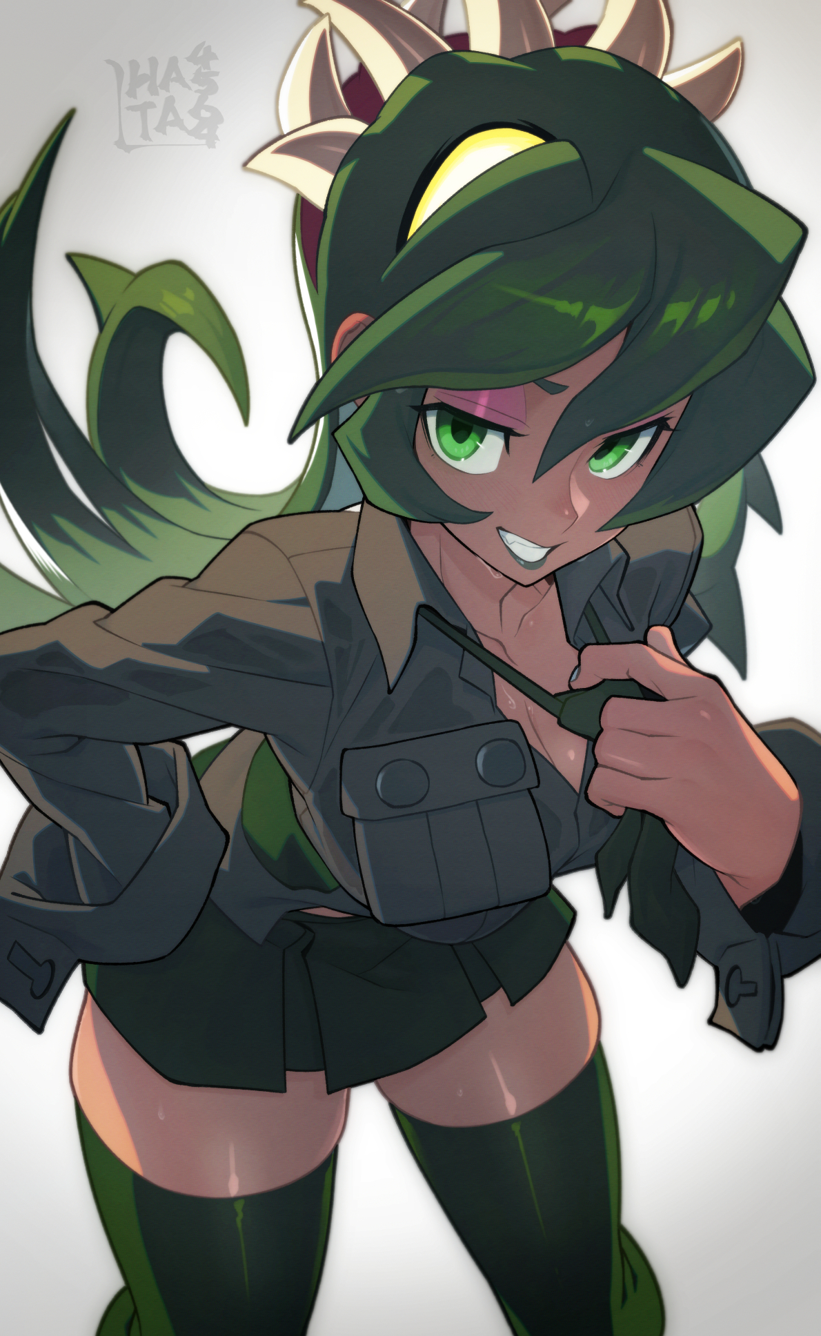 1girls, breast pocket, breasts, cleavage, clothes grab, collarbone, eyeshadow, female, female only, fukua (skullgirls), green eyes, green hair, green lips, grey background, grin, hand on own hip, hata4564, highres, large breasts, leaning forward, lhata4564, lipstick, long hair, looking at viewer, looking up, makeup, naughty face, necktie, necktie grab, neckwear grab, pleated skirt, pocket, school uniform, shirt tug, skirt, skullgirls, smile, solo, sweat, teasing, thighhighs