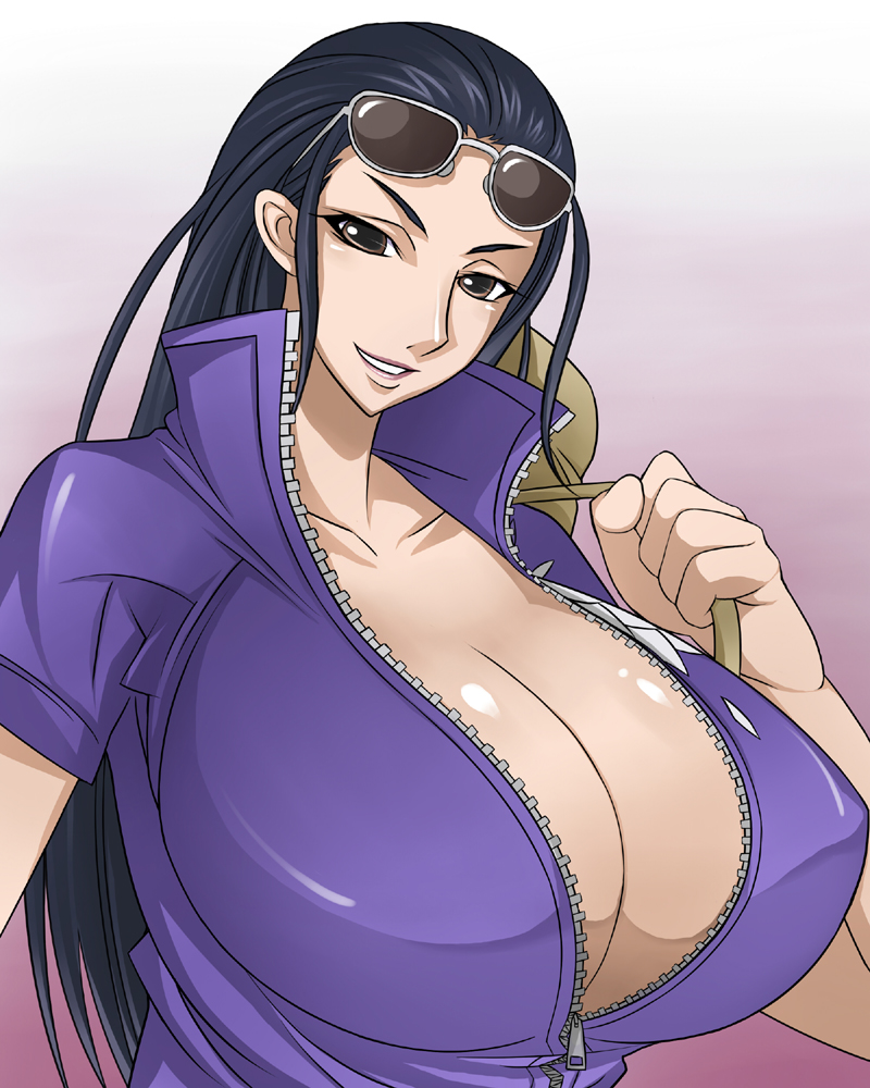 1girls cleavage curvy erect_nipples eyewear_on_head female female_only gigantic_breasts huge_areolae nico_robin one_piece otogi_tetsurou puffy_nipples sunglasses sunglasses_on_head thick_lips very_long_hair voluptuous