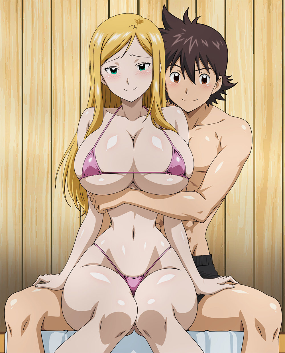 1boy, 1girls, ai assisted, bikini, blonde hair, breasts, brown eyes, brown hair, digimon, digimon frontier, female, izumi orimoto, male, takuya kanbara, teal eyes, under boob, yxyyxy, zoe orimoto