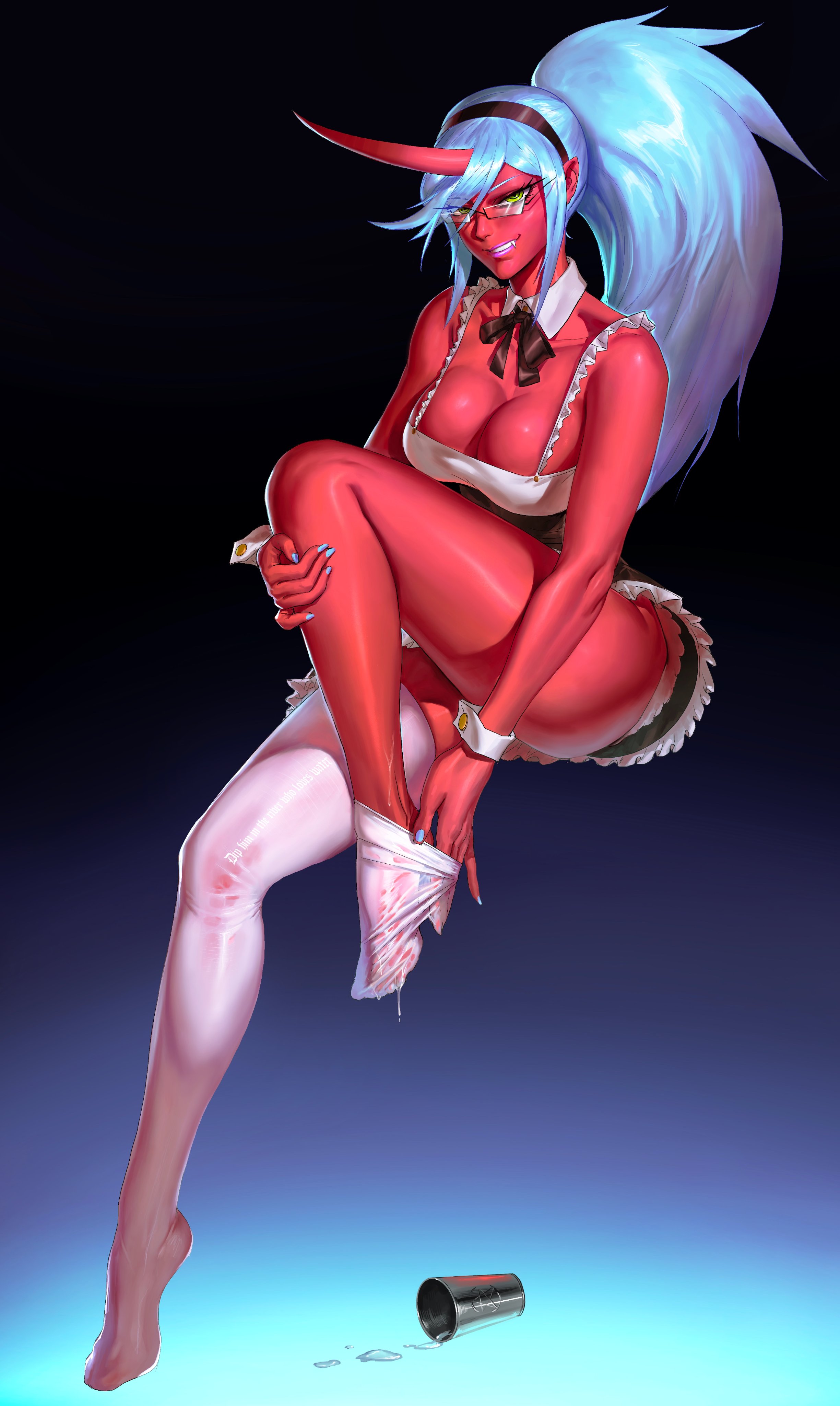 ass, breasts, cleavage, cute fang, demon, demon girl, female, glasses, grin, huge breasts, kneesocks daemon, lagon (artist), maid uniform, panty & stocking with garterbelt, red skin, thighhighs, thighs