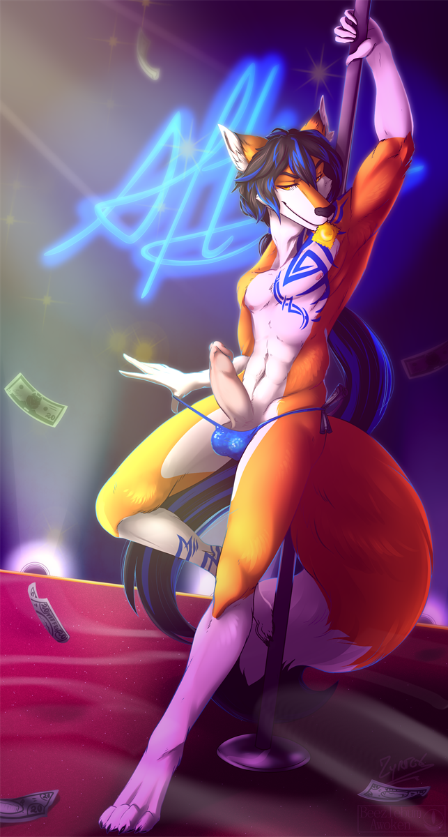 2018 alty anthro beezlebumawoken black_hair blue_hair canine clothing dancing digital_media_(artwork) erection fox fur hair humanoid_penis looking_at_viewer male male_only mammal nipples orange_fur penis pole pole_dancing smile solo stripper stripper_pole tattoo teasing thong toes underwear white_fur yellow_eyes zyrtex