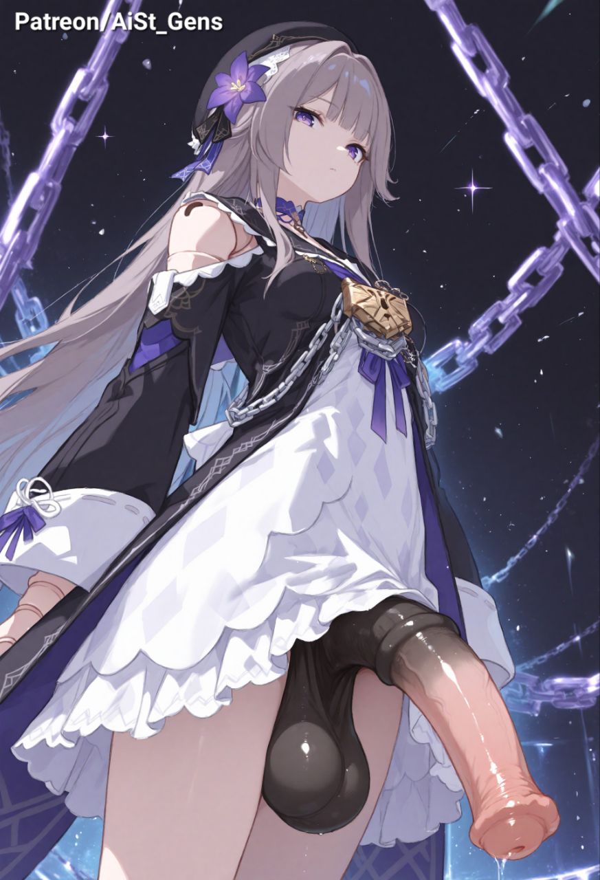ai generated, aist , beret, big penis, doll, doll joints, flower, futanari, gray hair, herta (honkai: star rail), honkai: star rail, horsecock, intersex, long hair, penis, precum, purple eyes