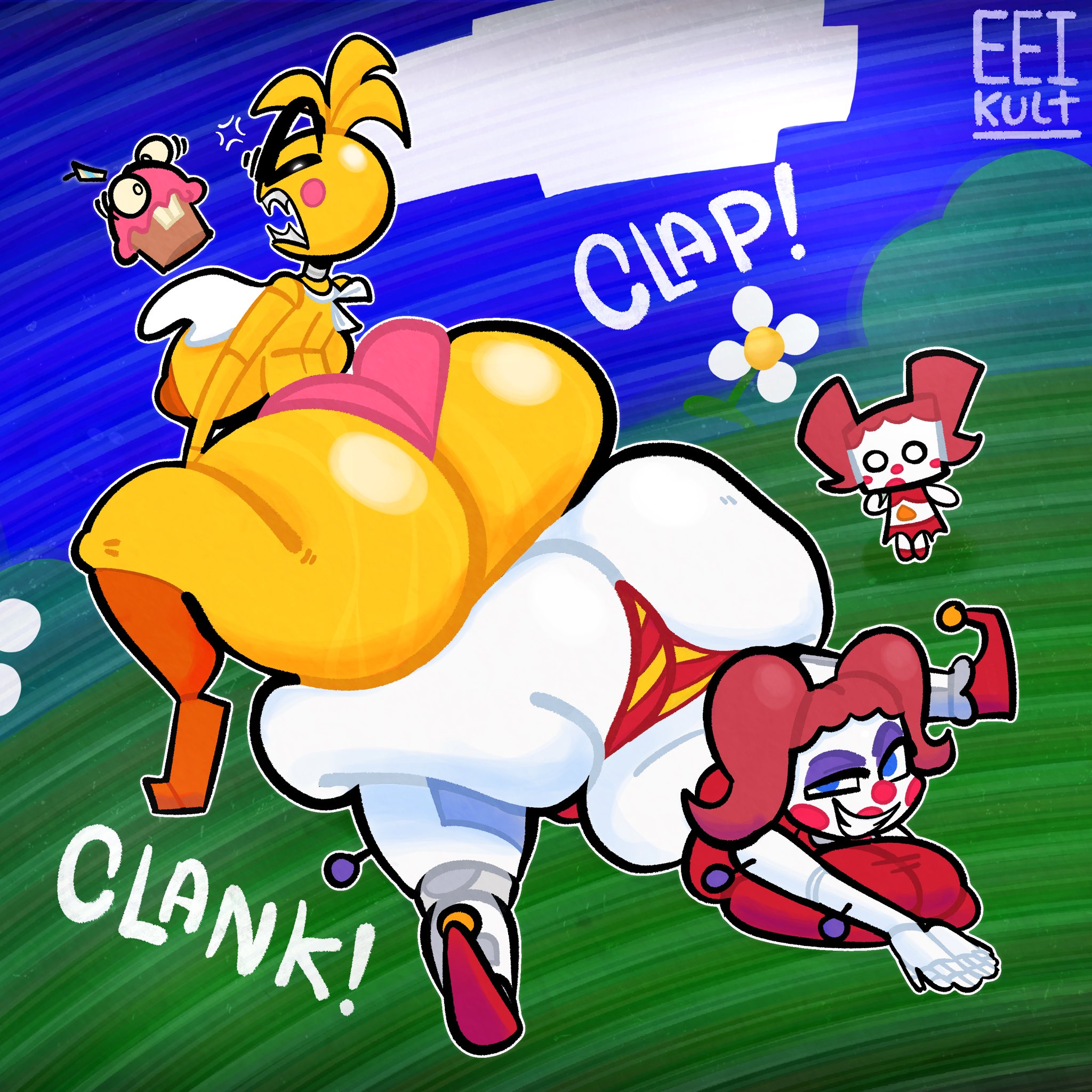 2girls, animatronic, animatronic female, ass, ass bigger than breasts, ass bigger than head, ass focus, ass to ass, baby (fnafsl), big ass, big breasts, blue eyes, breasts, butt bump, chicken, chicken girl, circus baby, circus baby (fnaf), cupcake (fnaf), eeikult, female, five nights at freddy's, five nights at freddy's 2, five nights at freddy's: sister location, huge ass, hyper ass, plush baby, robot, robot girl, robot humanoid, toy chica (fnaf)