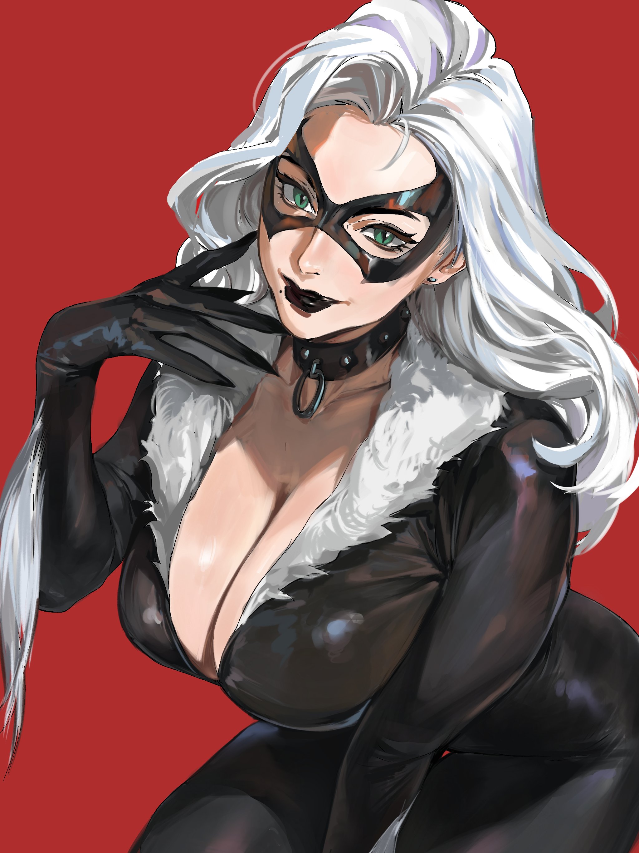 1girls, 2026, alluring, big breasts, black cat (marvel), black lipstick, bodysuit, breasts, bursting breasts, catsuit, choker, cleavage, collar, color, colored, curvaceous, curvaceous body, curvaceous female, curvaceous figure, curvaceous hips, curvy, curvy body, curvy female, curvy figure, curvy hips, ear piercing, enticing, eyelashes, felicia hardy, female, female only, fur trim, gloves, green eyes, high resolution, highres, hips, huge breasts, large breasts, light skin, light-skinned female, long hair, looking at viewer, marvel, marvel comics, mask, masked, masked female, massive breasts, nails, pinup, recolor, recolored, red background, redraw, remastered, seducing, seductive, seductive look, shiny, shiny breasts, shiny clothes, shiny skin, skin tight, smile, smiling, smiling at viewer, solo, solo female, spider-man (series), superheroine, taiyang yu, teasing, teasing viewer, temptation, tempting, tempting viewer, thick, thick breasts, thick hips, thick thighs, tight clothes, tight clothing, voluptuous, voluptuous female, white fur, white hair, wide hips