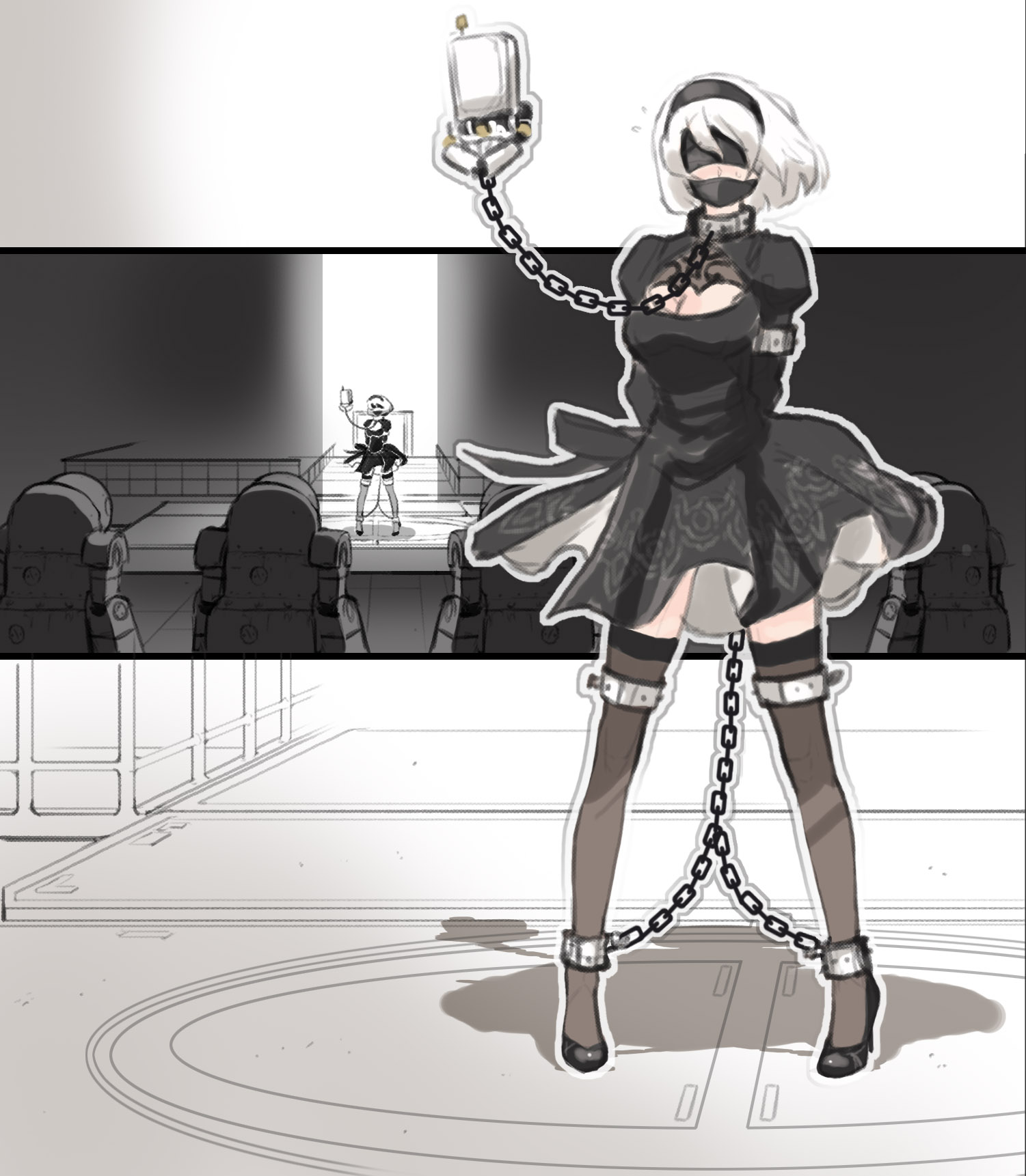 ankle cuffs, arms behind back, blindfold, bondage, bound, bound ankles, bound arms, chain leash, chains, cleavage, collar, female, femsub, gag, gagged, heartgear, high heels, human artist, lace, leash, metal collar, nier: automata, no ai, restrained, source request, stockings, sweatdrop, tagme, white hair, yorha 2b