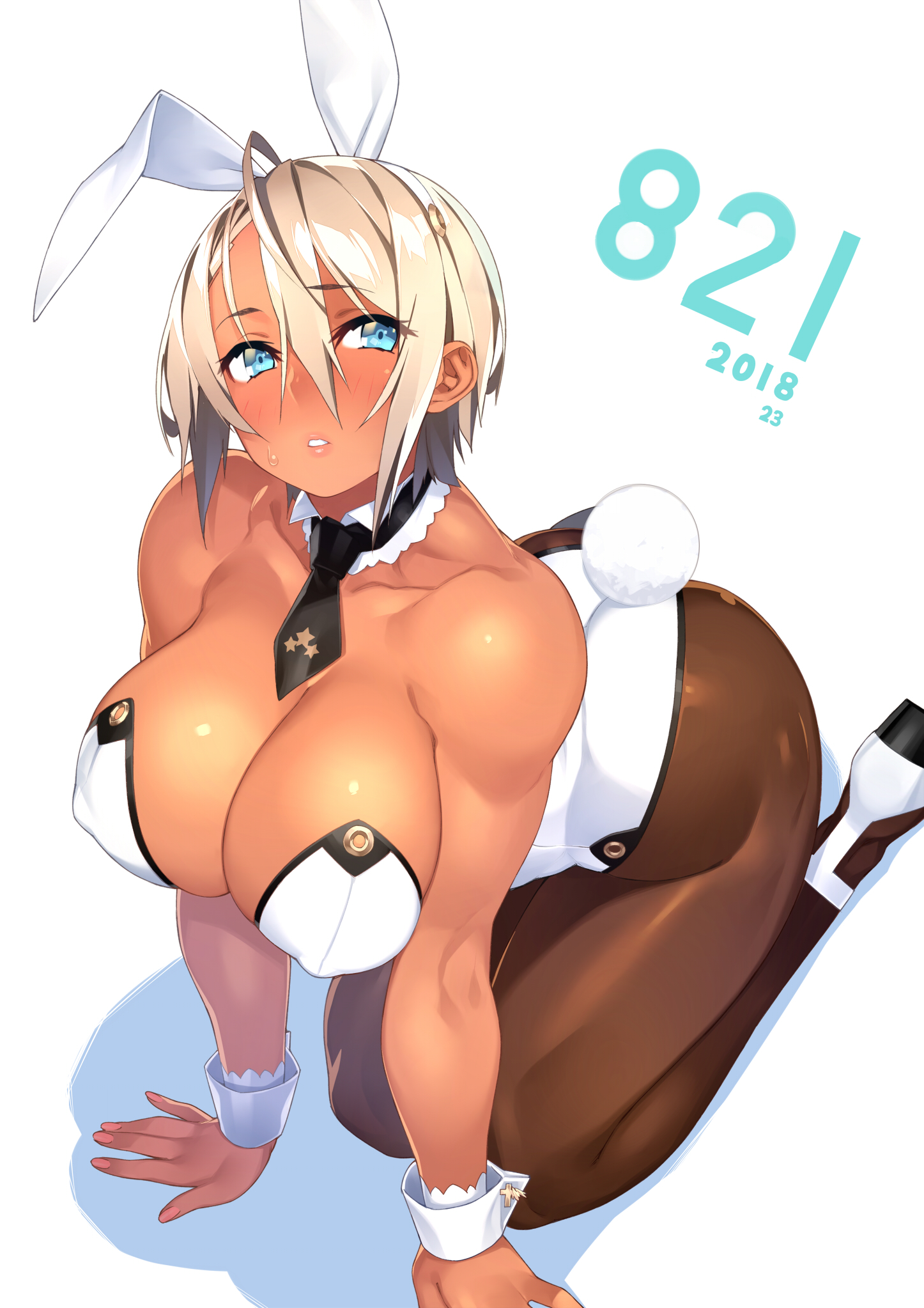 1girls, 2018, big breasts, blush, breasts, bunny ears, bunny girl, bunnysuit, cleavage, dark skin, dark-skinned female, female, female only, huge breasts, large breasts, leotard, looking at viewer, muscular, muscular female, original, sela (sela god), sela god, solo